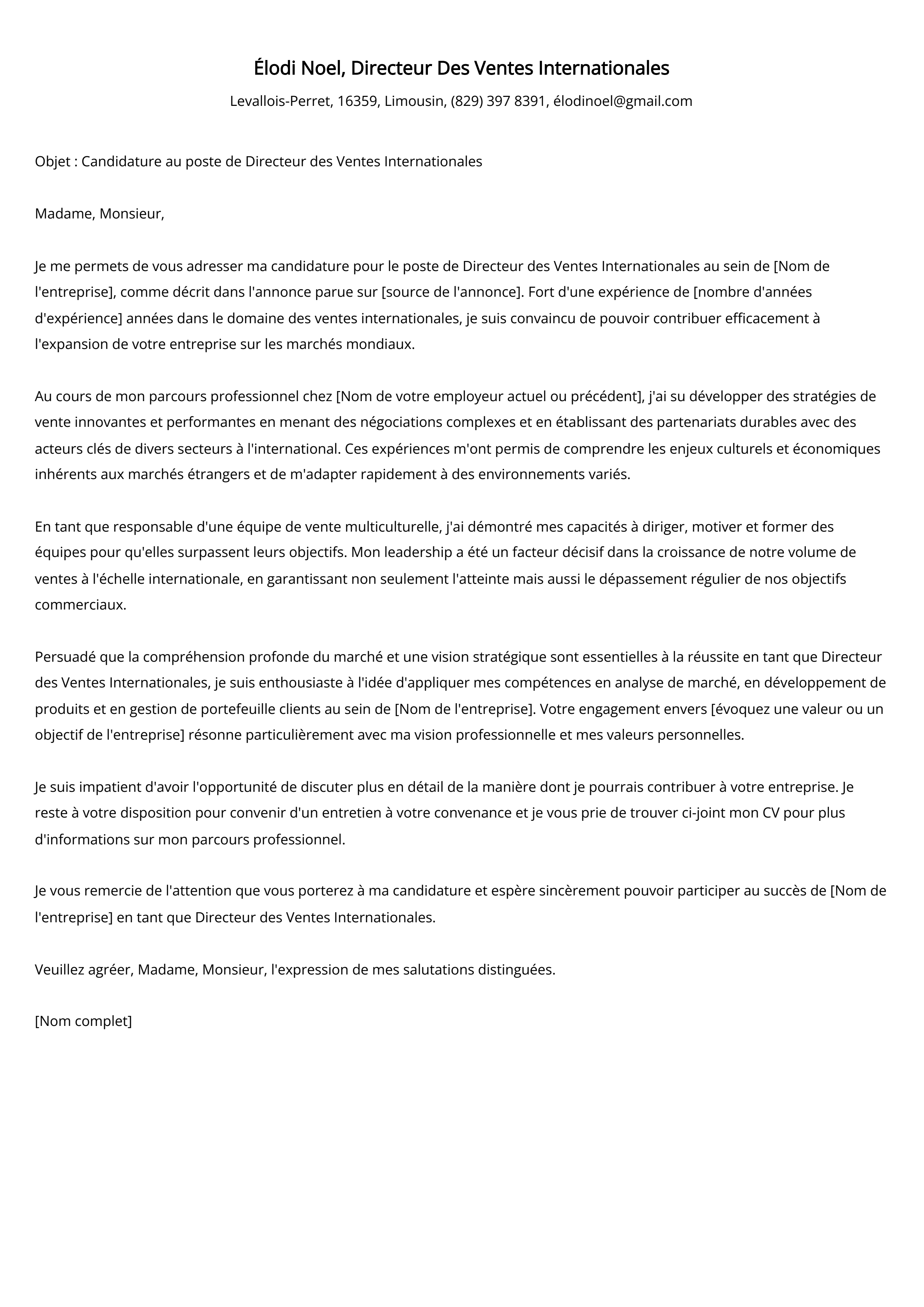 Exemple de lettre de motivation pour un directeur des ventes internationales