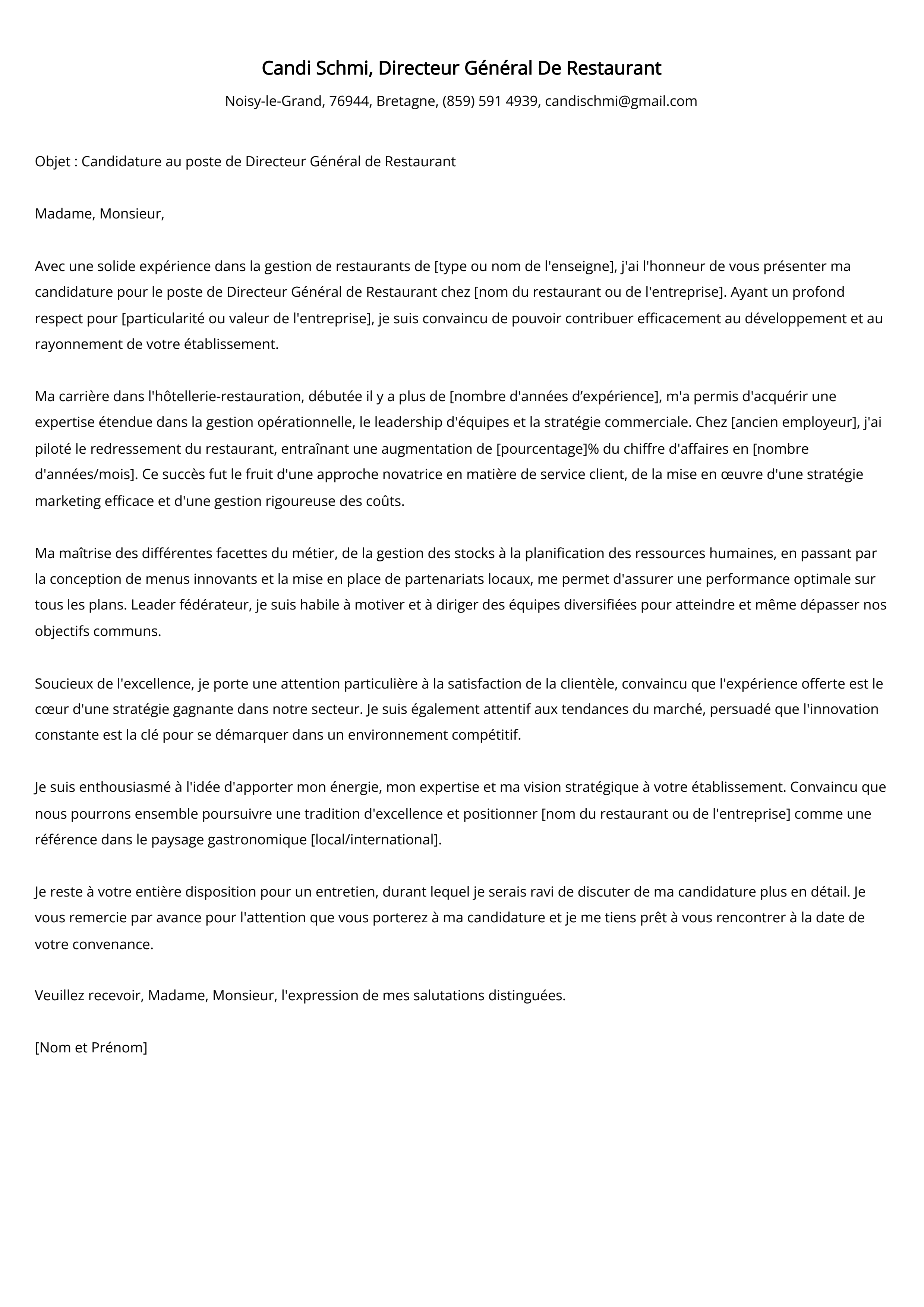 Directeur Général De Restaurant Cover Letter Example