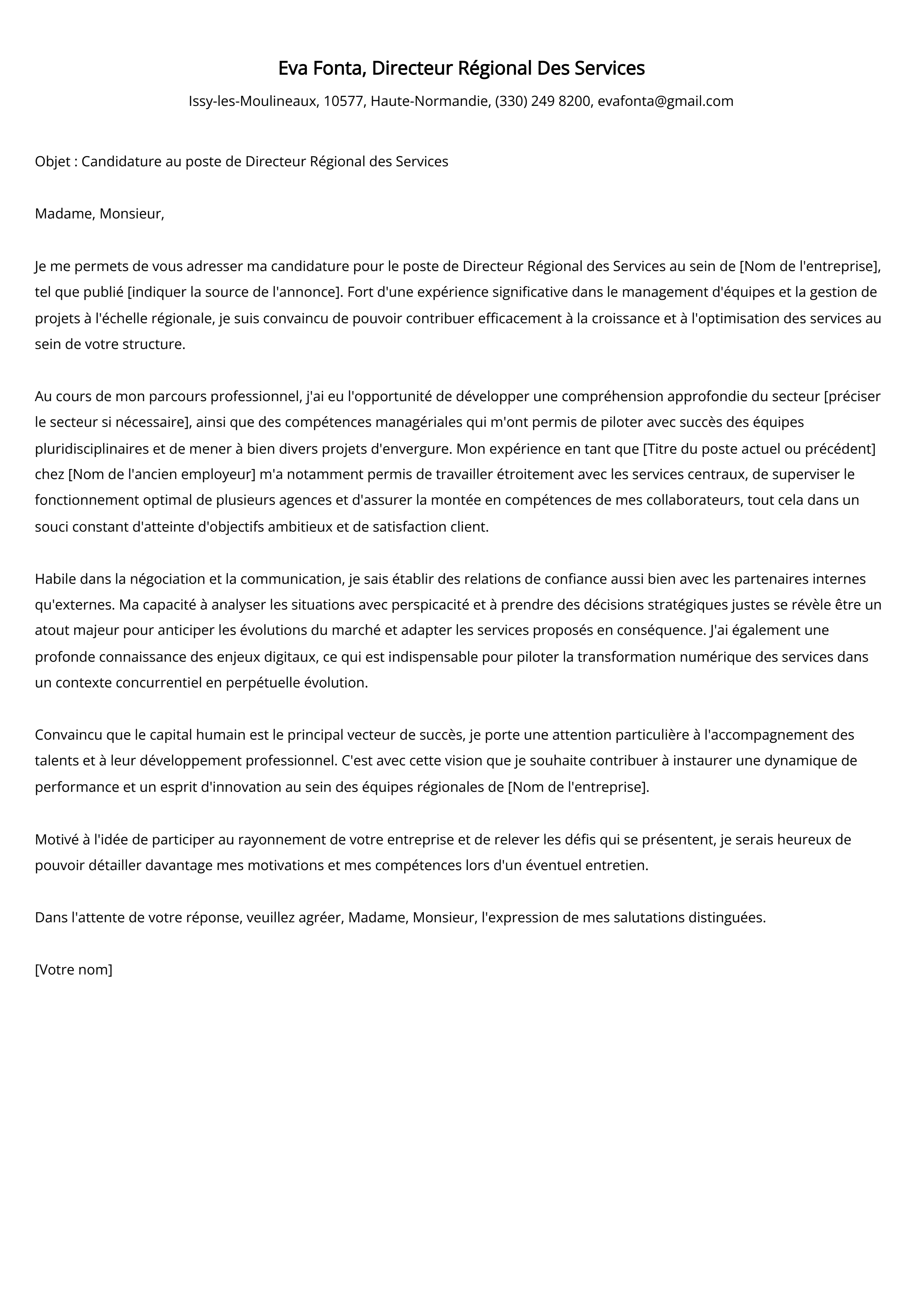 Directeur Régional Des Services Cover Letter Example