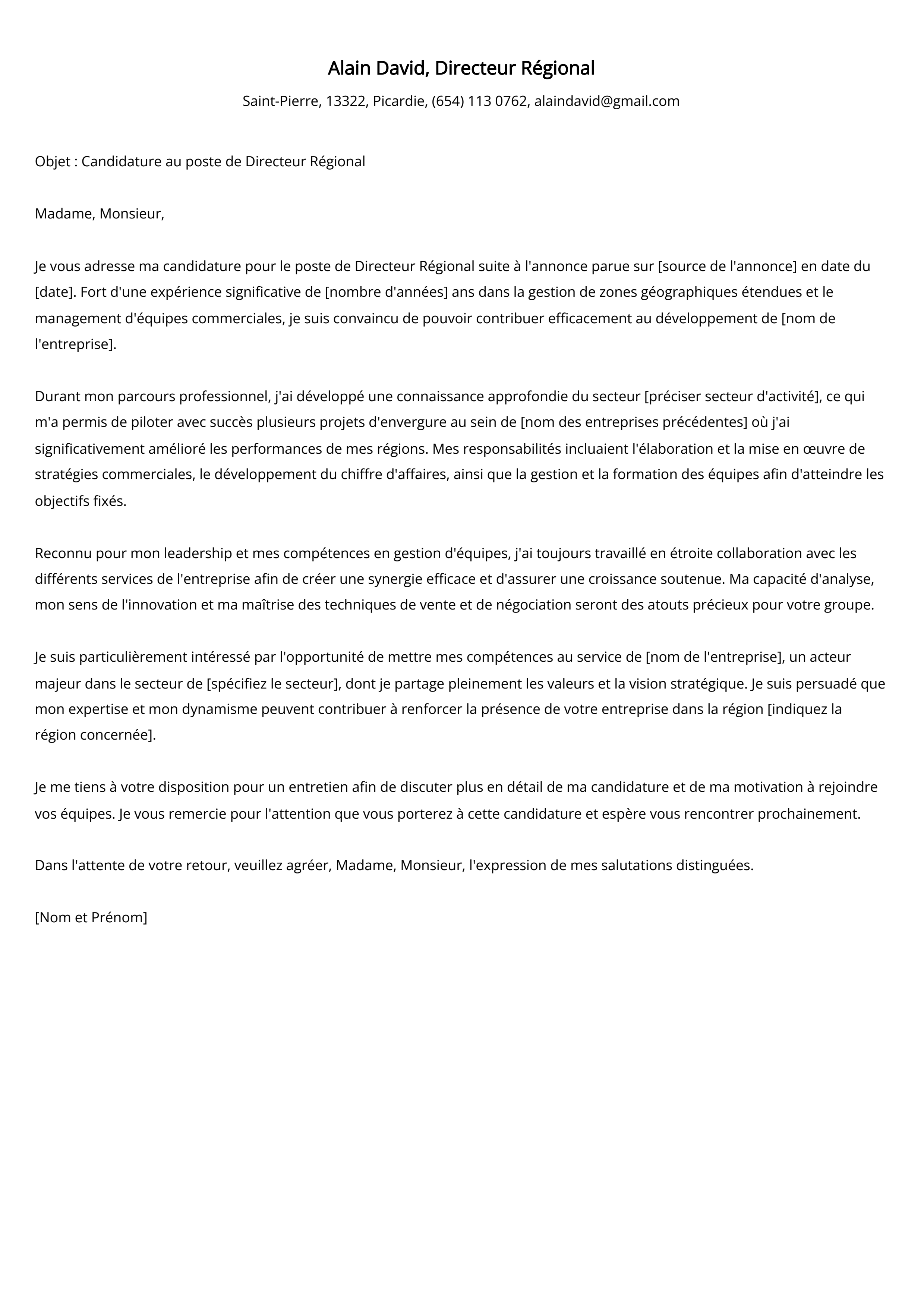 Exemple de lettre de couverture pour un directeur régional