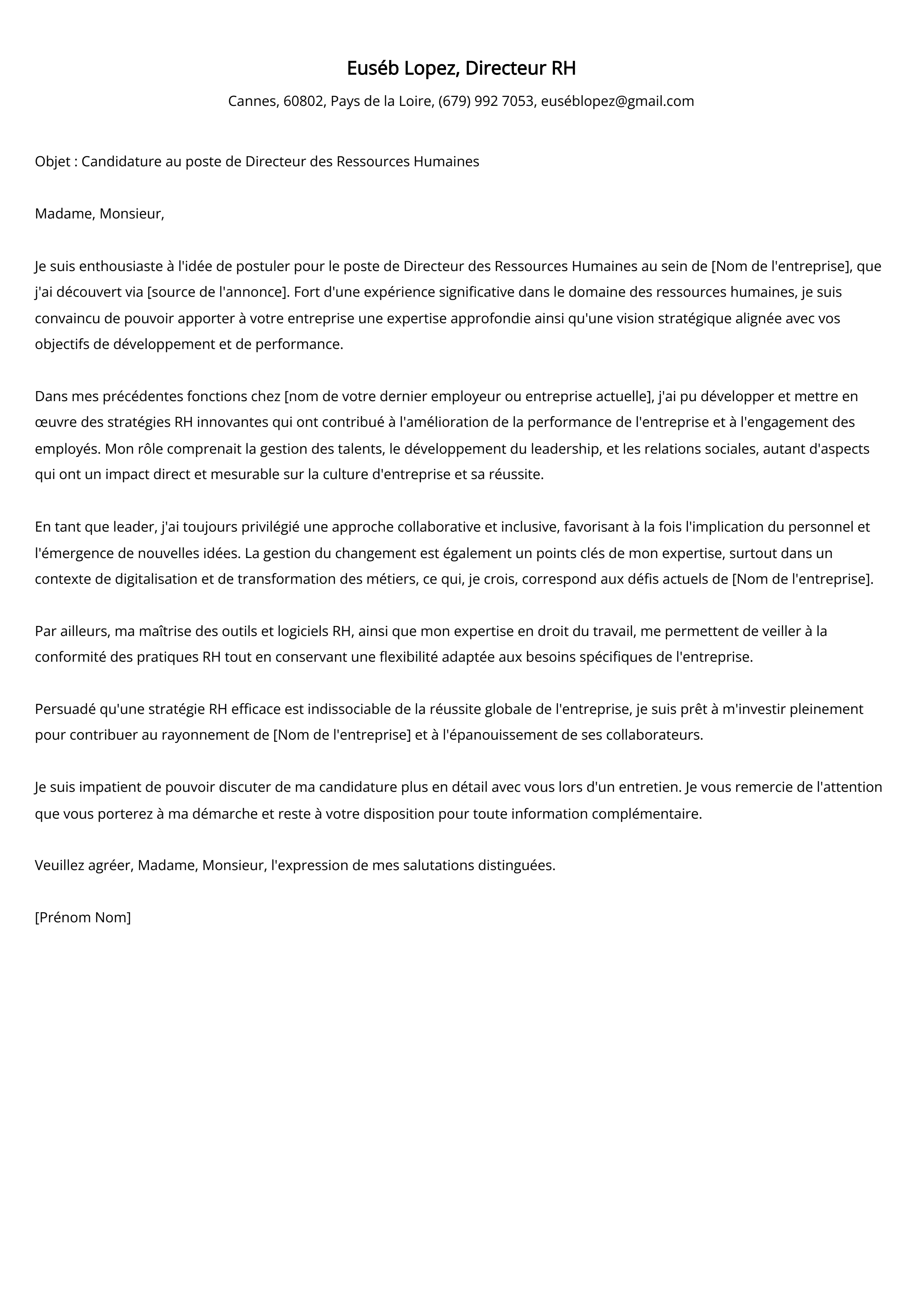 Exemple de lettre de couverture pour Directeur RH