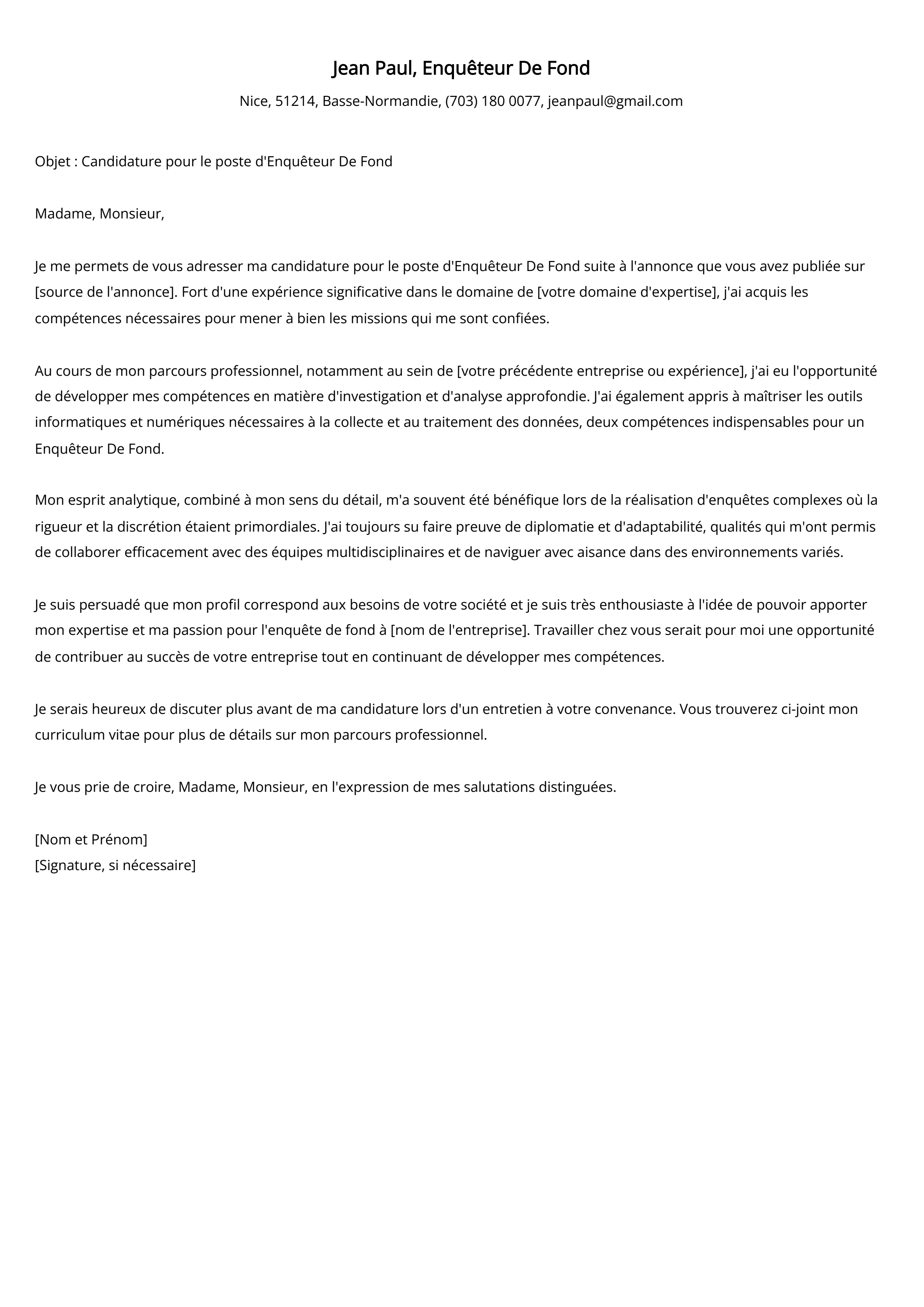 Enquêteur De Fond Cover Letter Example