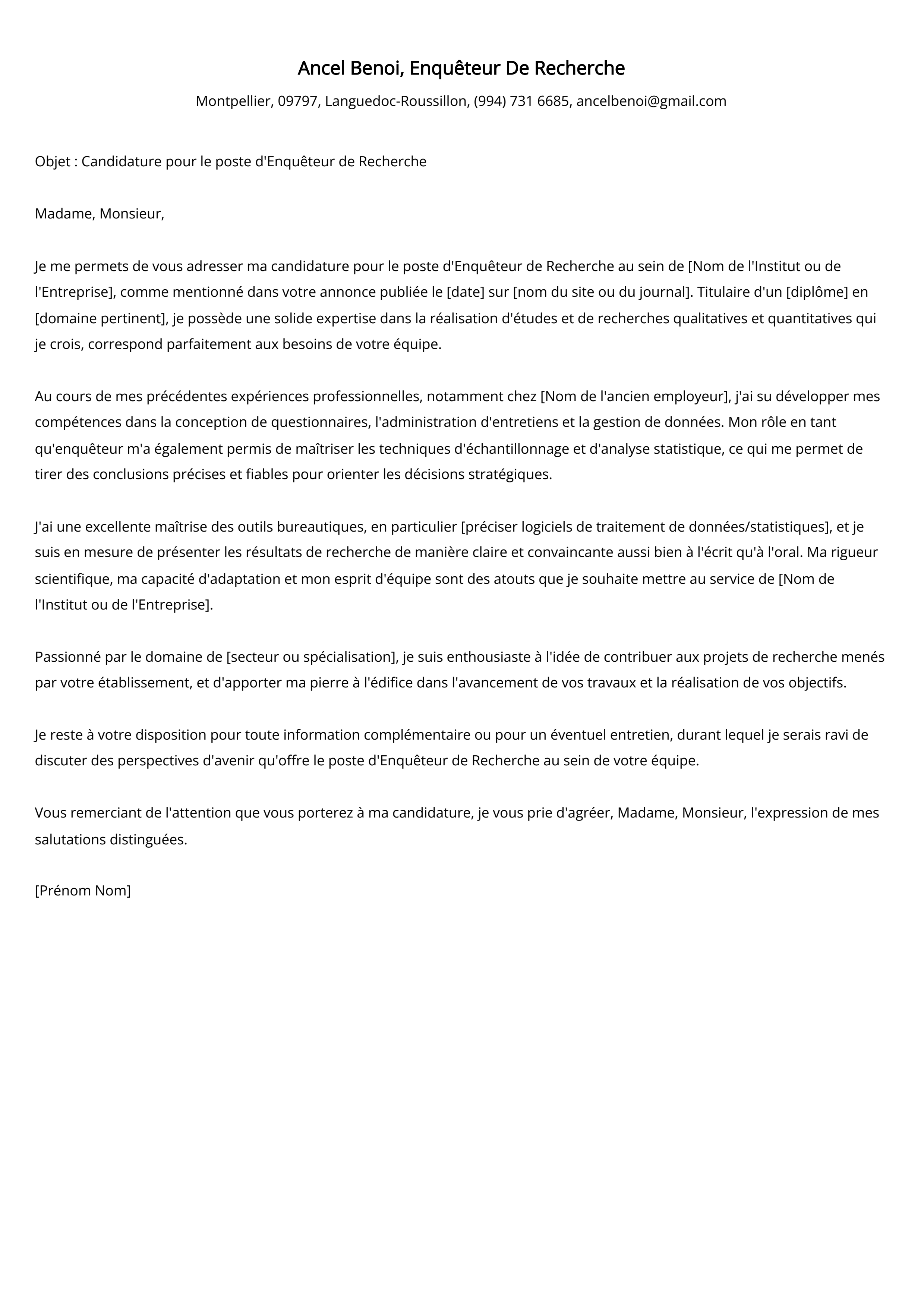 Enquêteur De Recherche Cover Letter Example