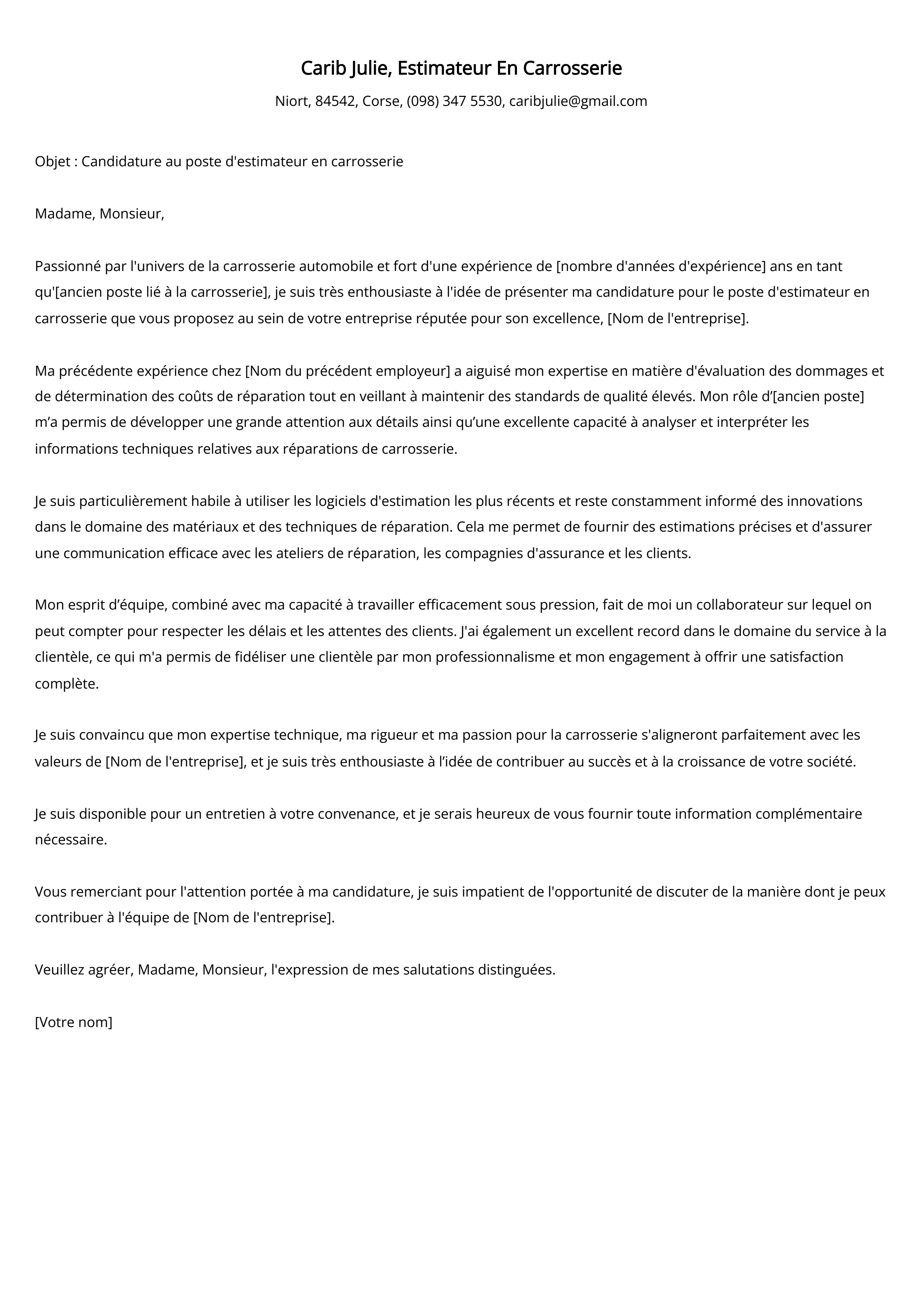 Estimateur En Carrosserie Cover Letter Example