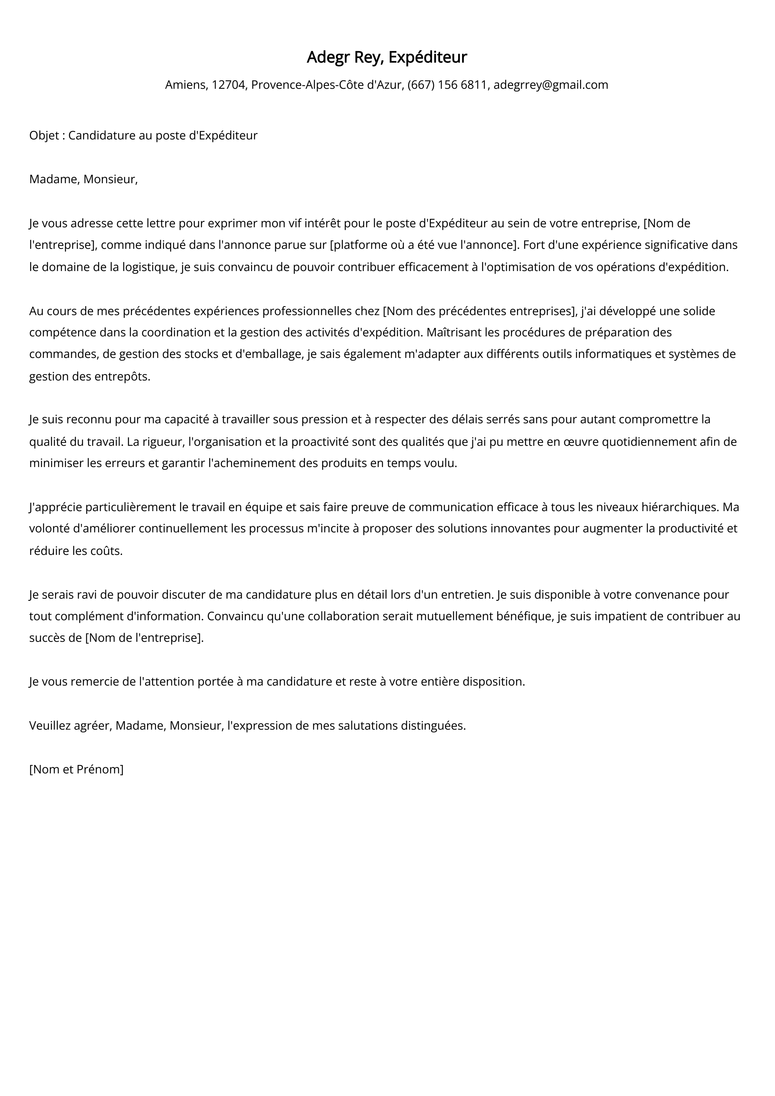 Expéditeur Cover Letter Example