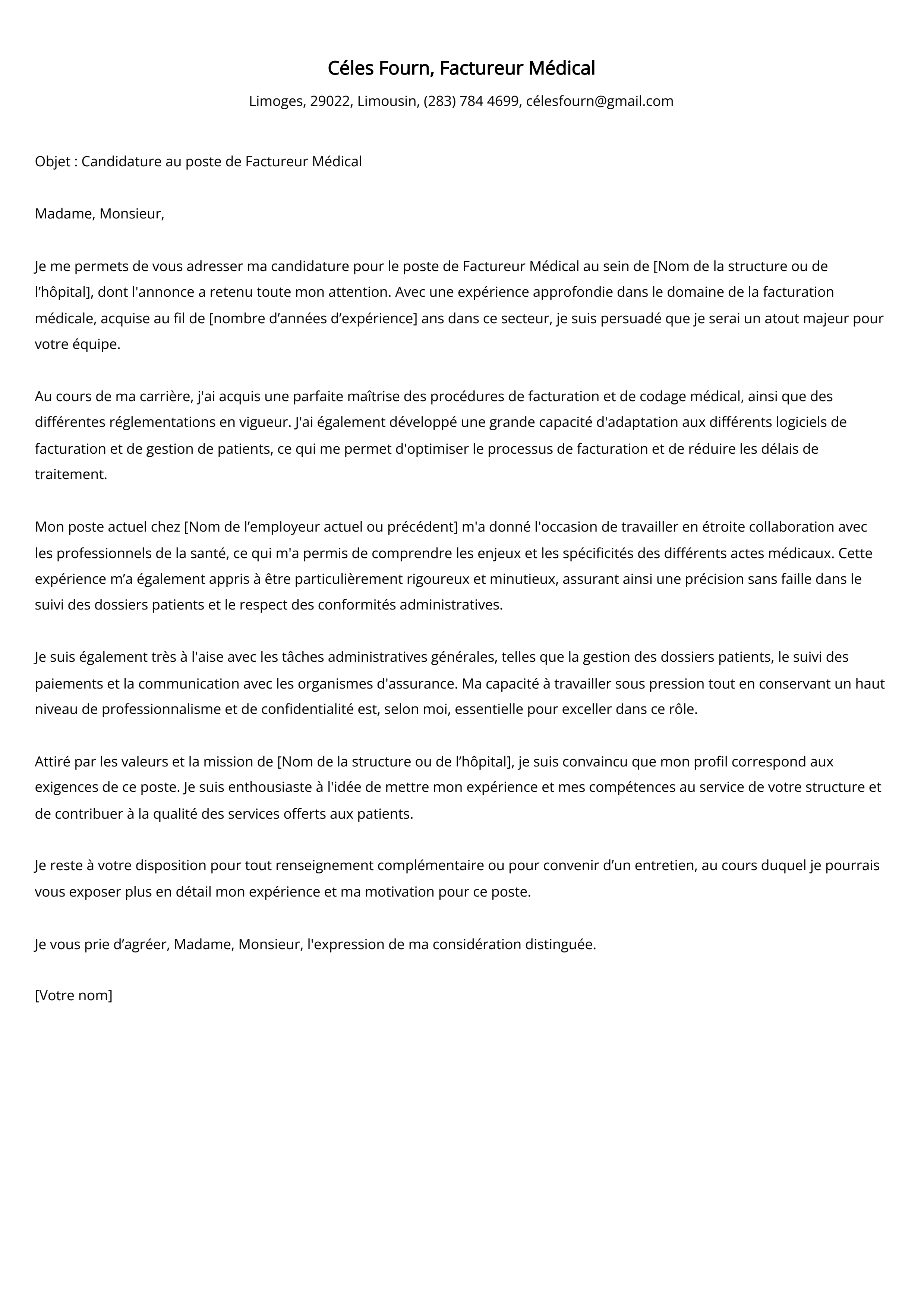 Factureur Médical Cover Letter Example