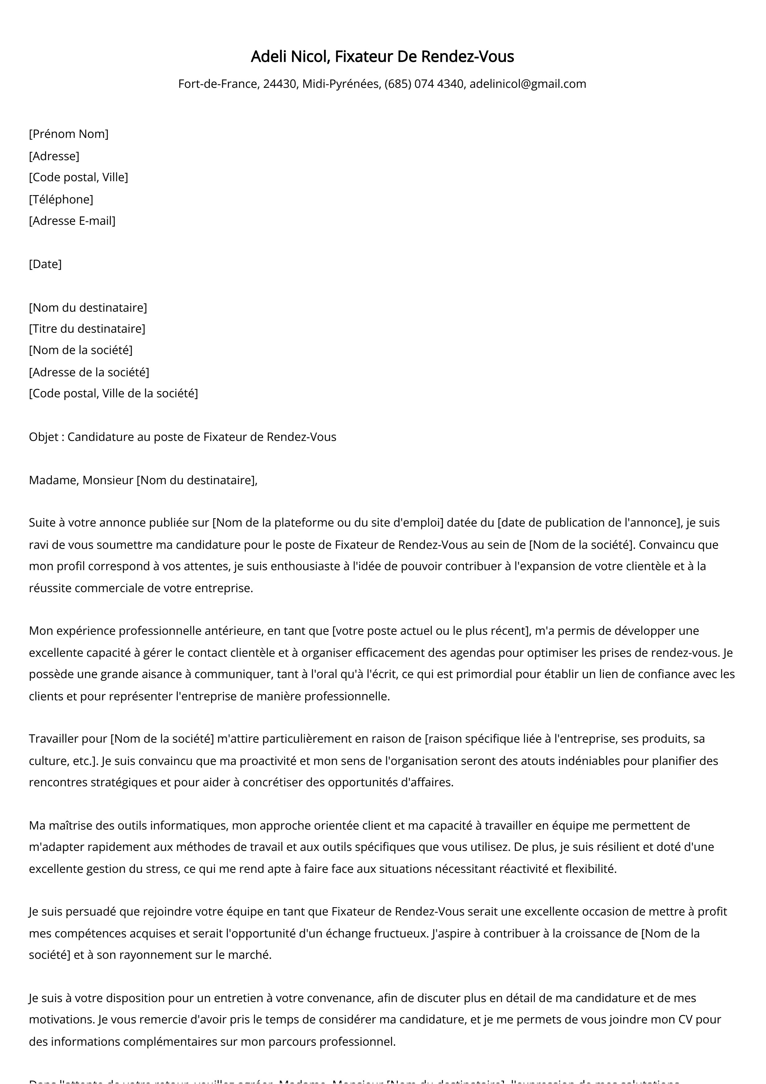 Fixateur De Rendez-Vous Cover Letter Example