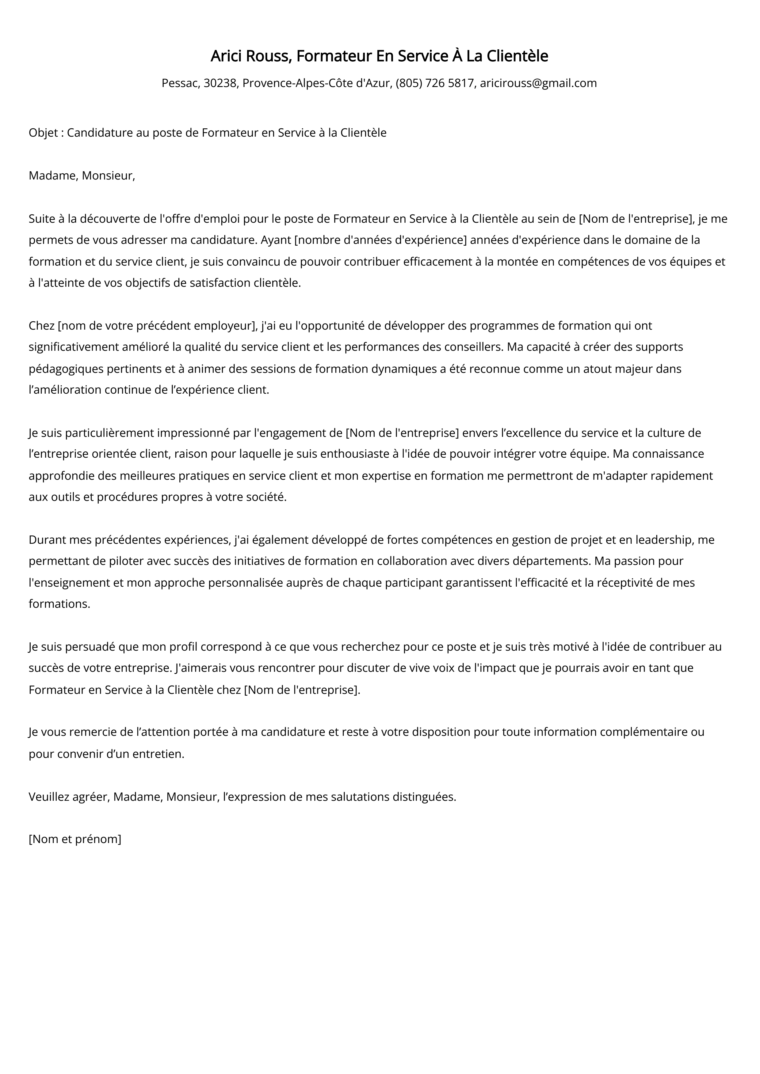 Formateur En Service À La Clientèle Exemple de lettre de motivation