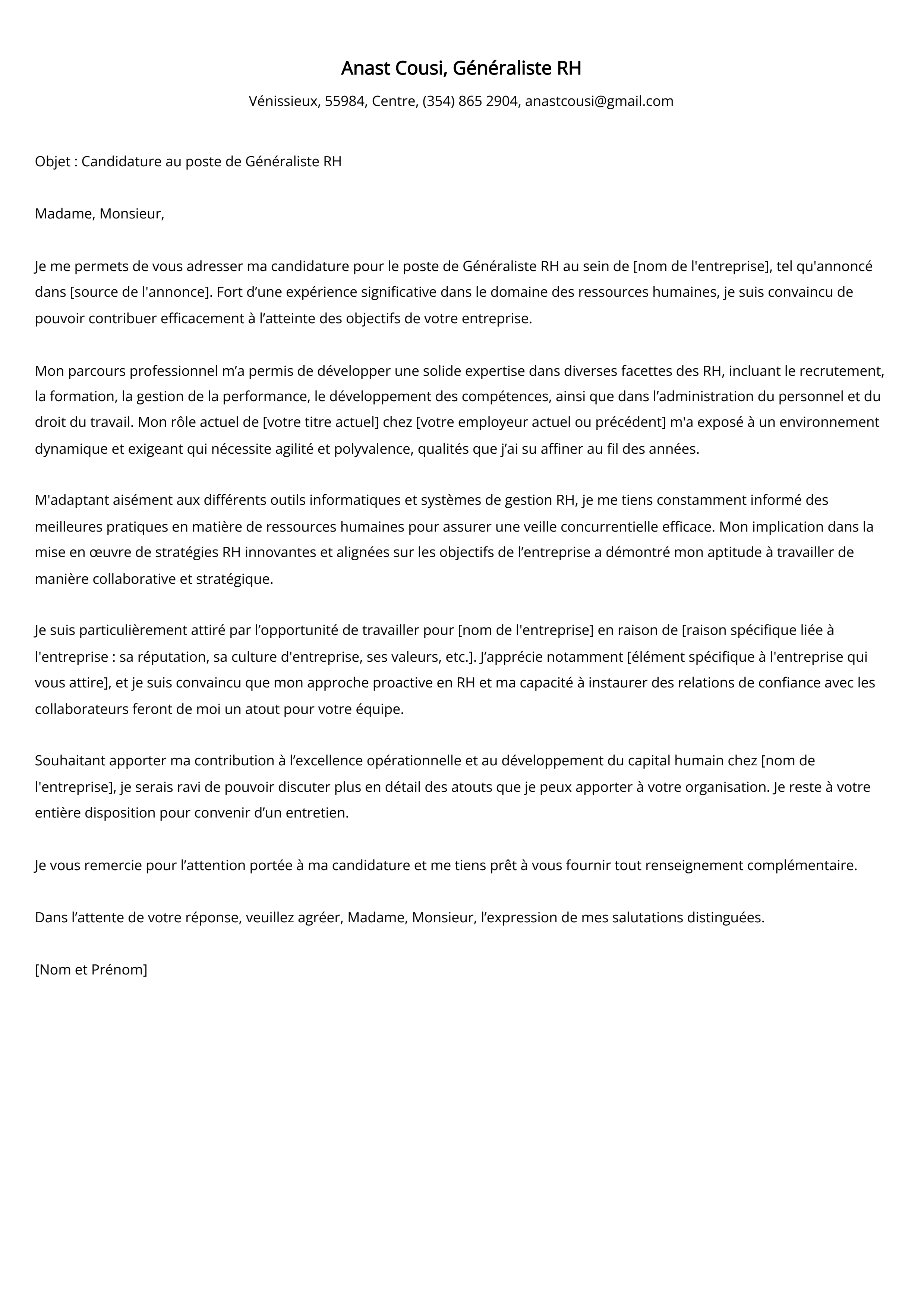 Exemple de lettre de motivation Généraliste RH