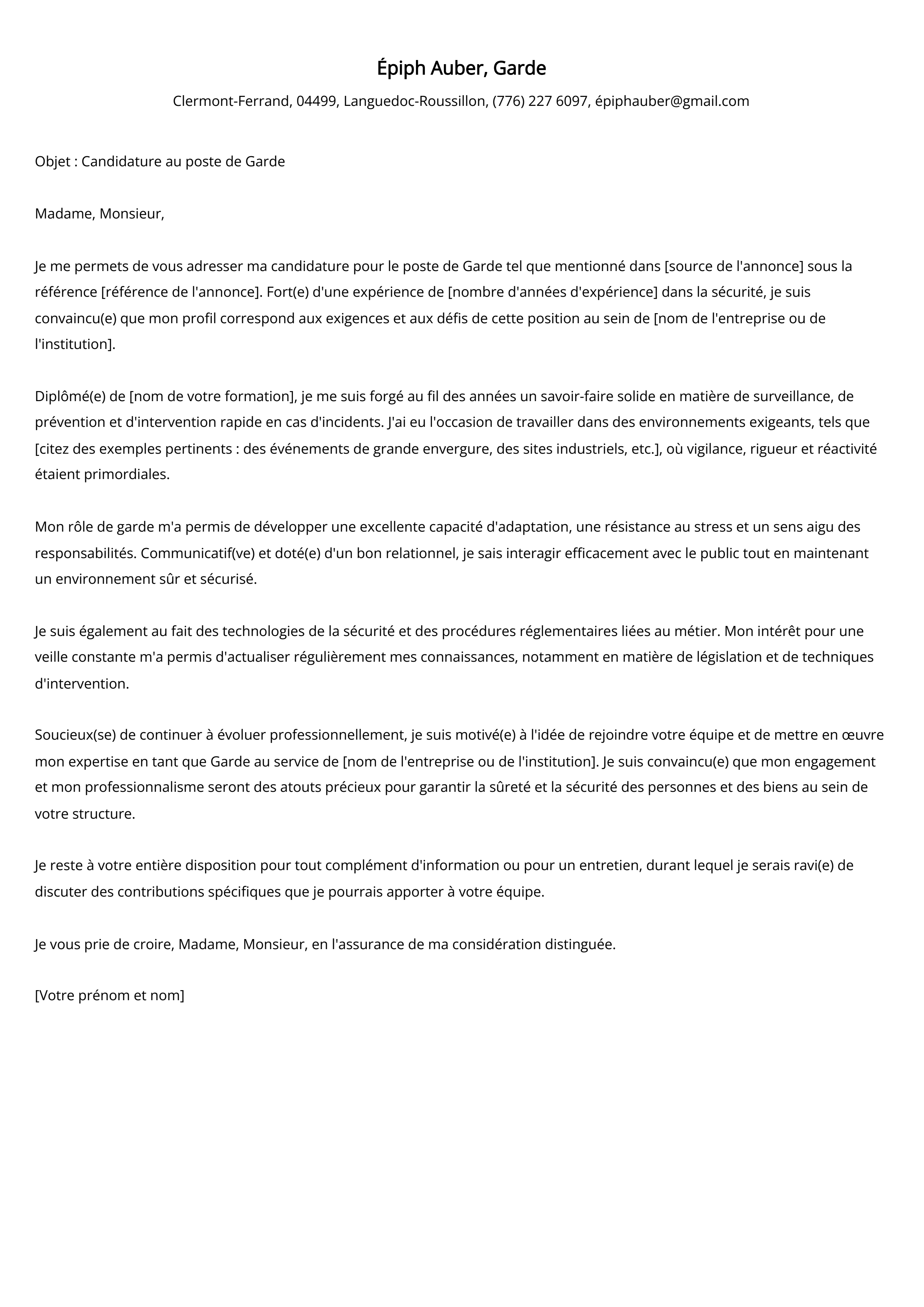 Exemple de lettre de motivation pour un garde