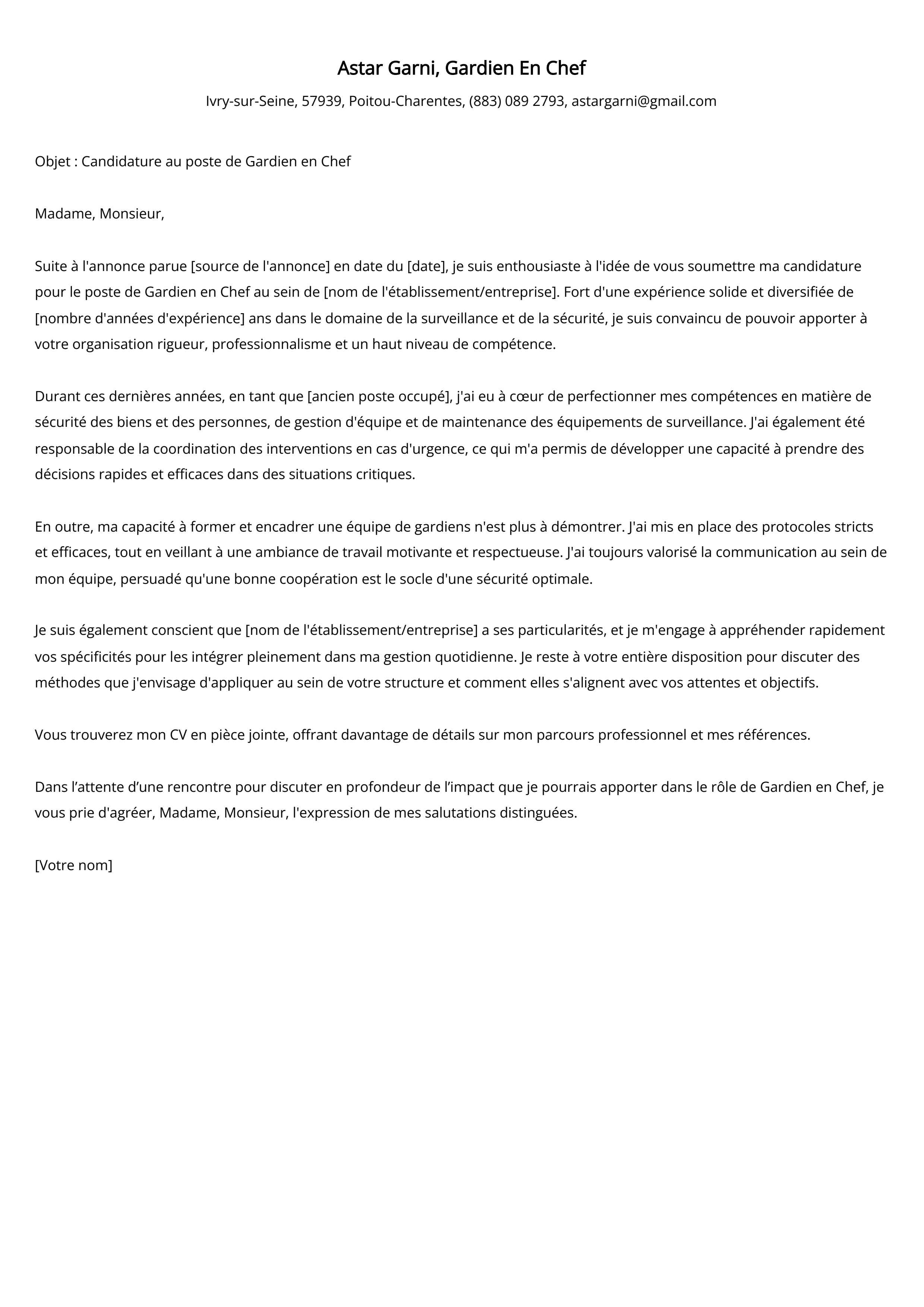 Gardien En Chef Cover Letter Example