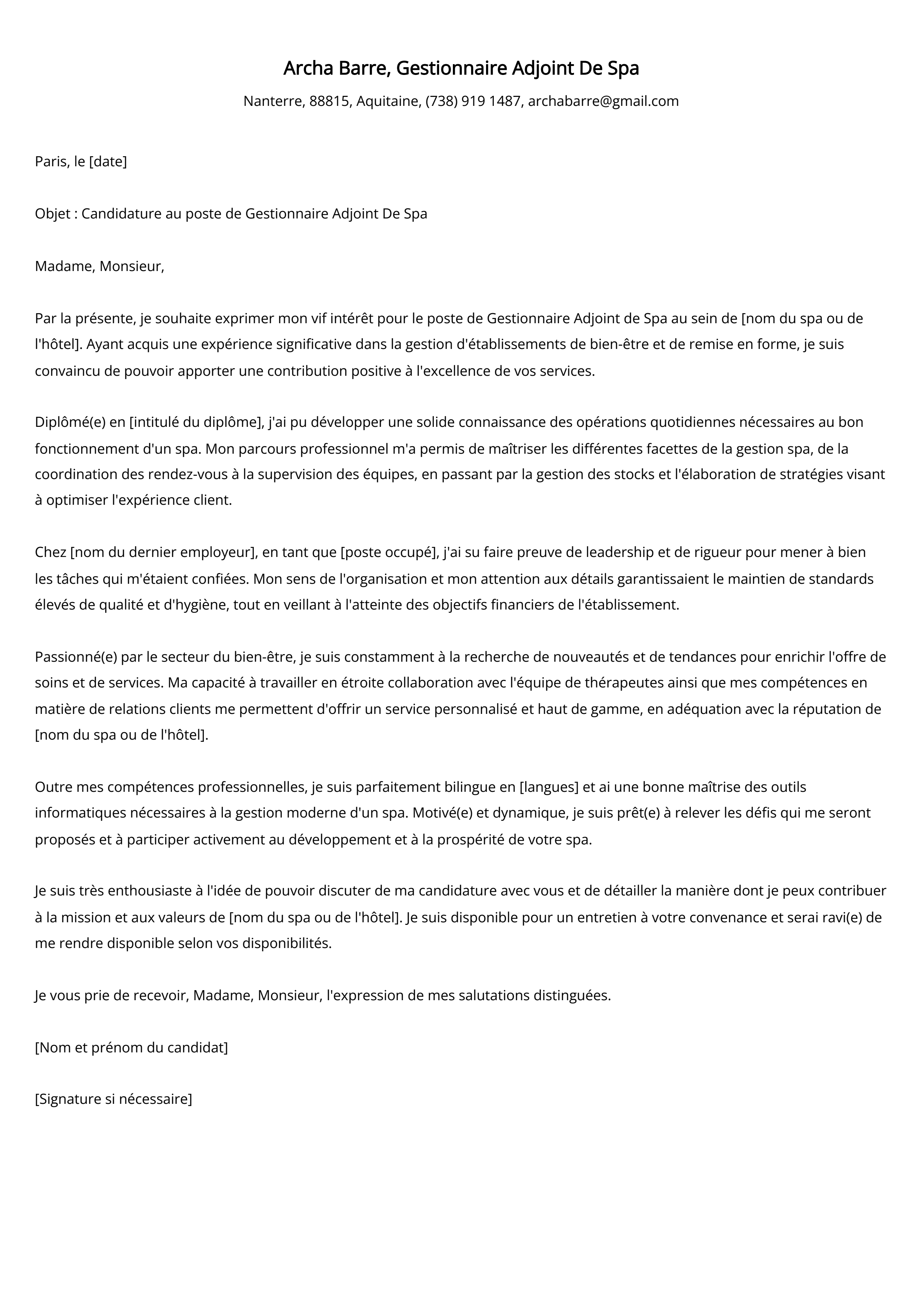 Exemple de lettre de motivation pour un gestionnaire adjoint de spa