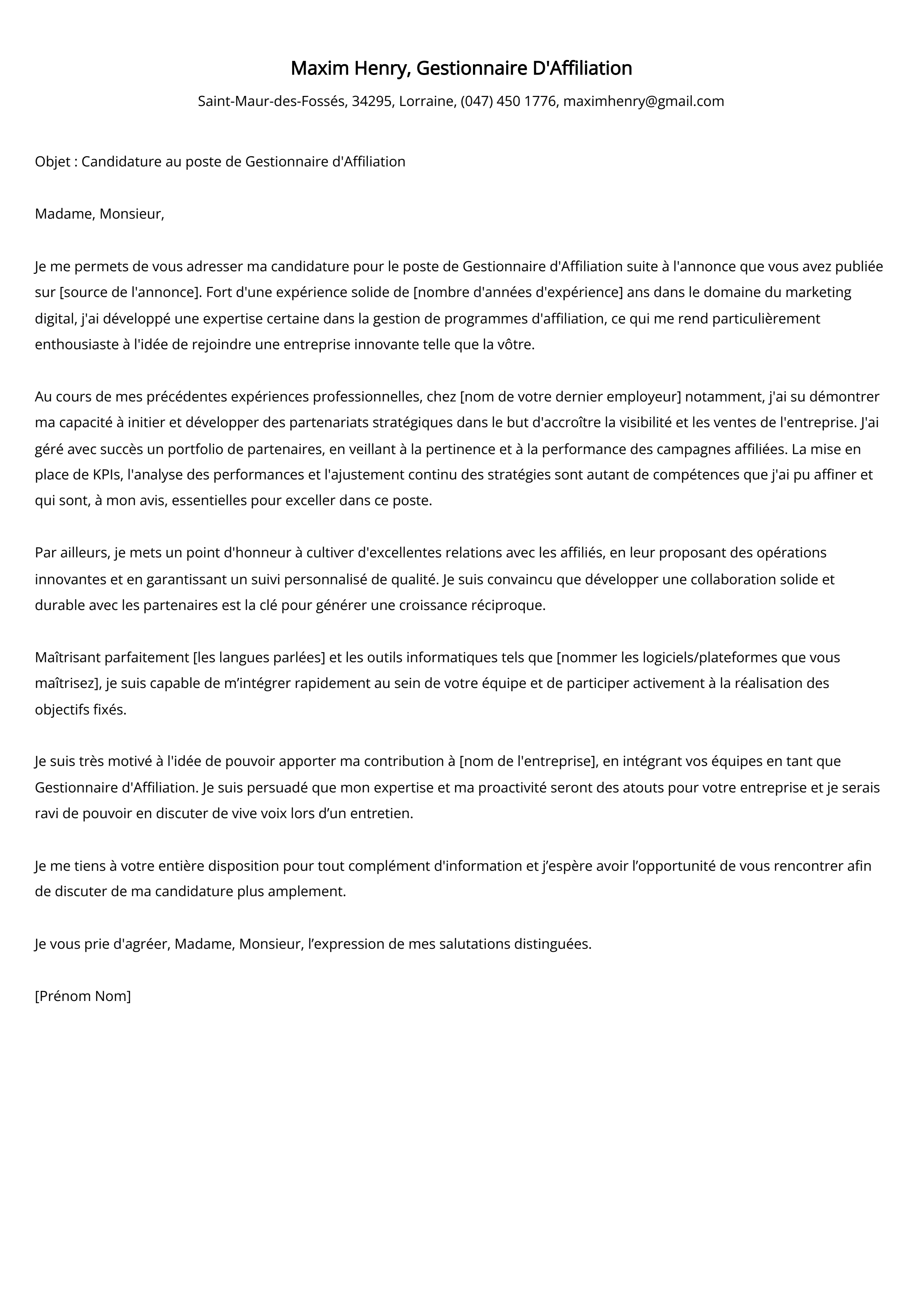 Exemple de lettre de motivation pour un gestionnaire d'affiliation