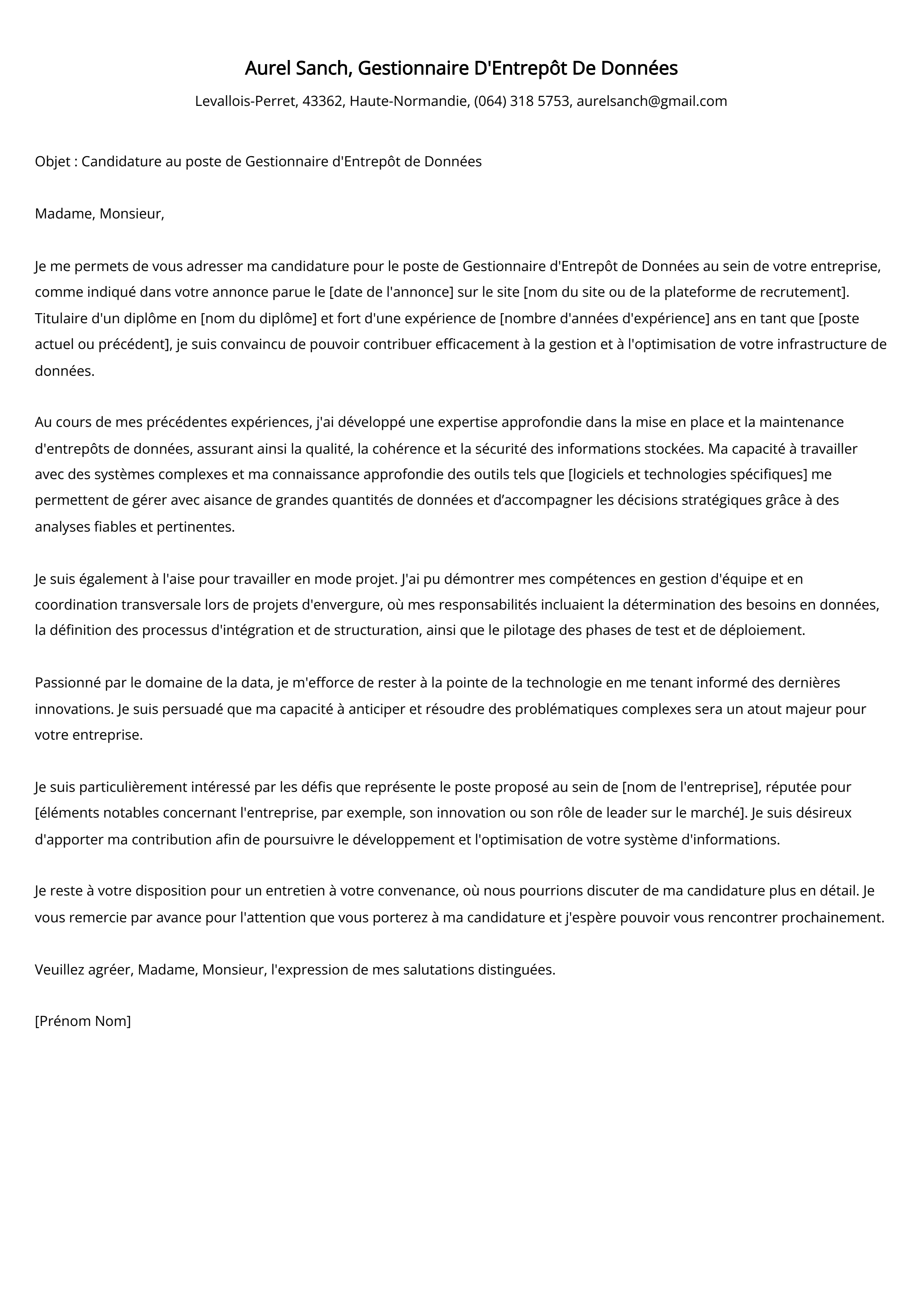 Exemple de lettre de motivation pour un gestionnaire d'entrepôt de données