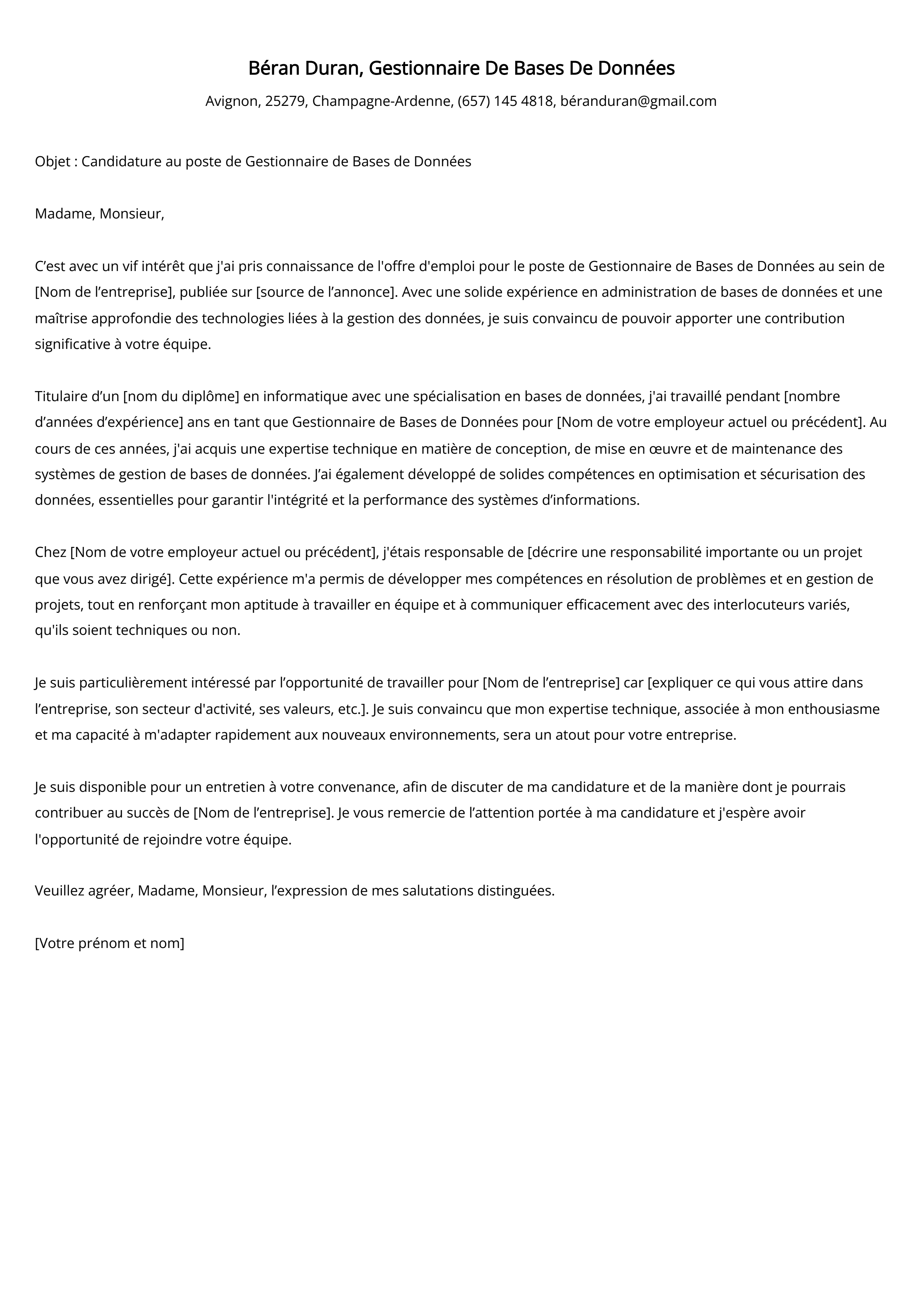 Gestionnaire De Bases De Données Cover Letter Example