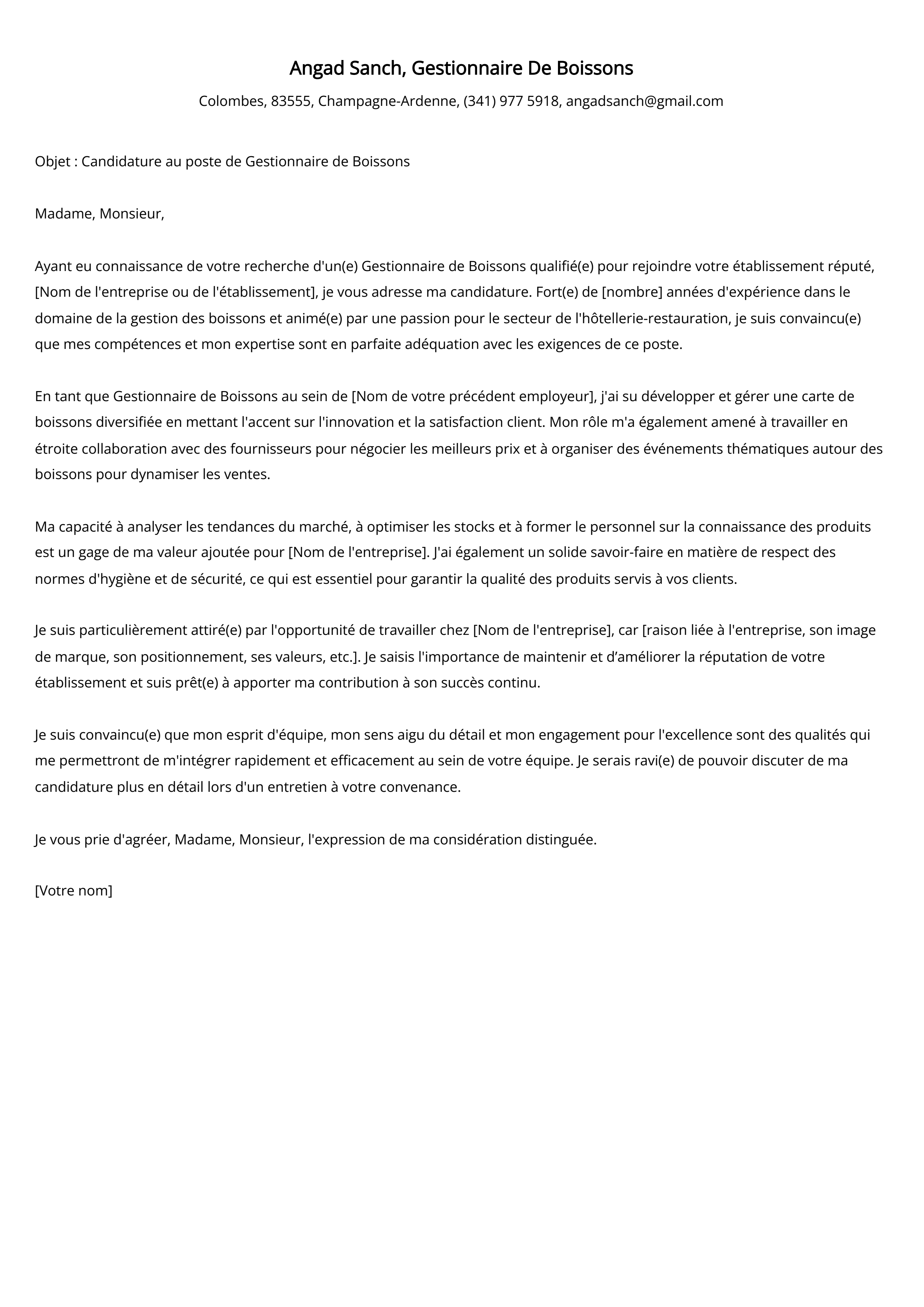 Exemple de lettre de motivation du Gestionnaire de Boissons