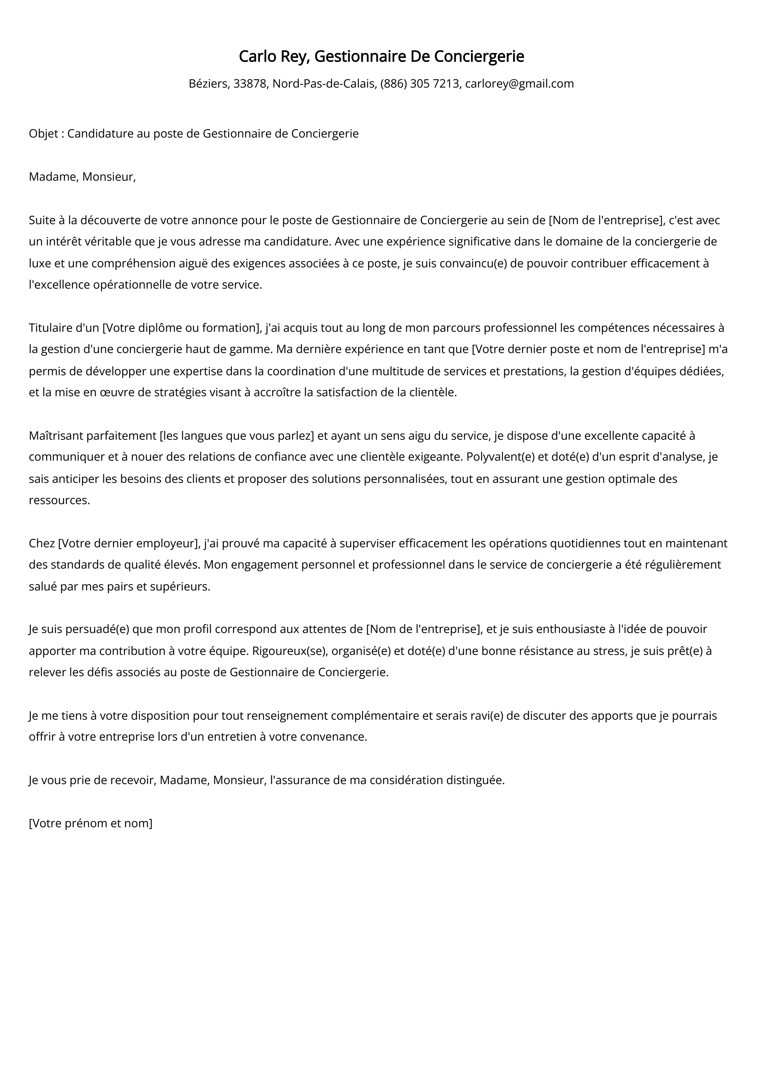 Exemple de lettre de motivation pour un gestionnaire de conciergerie