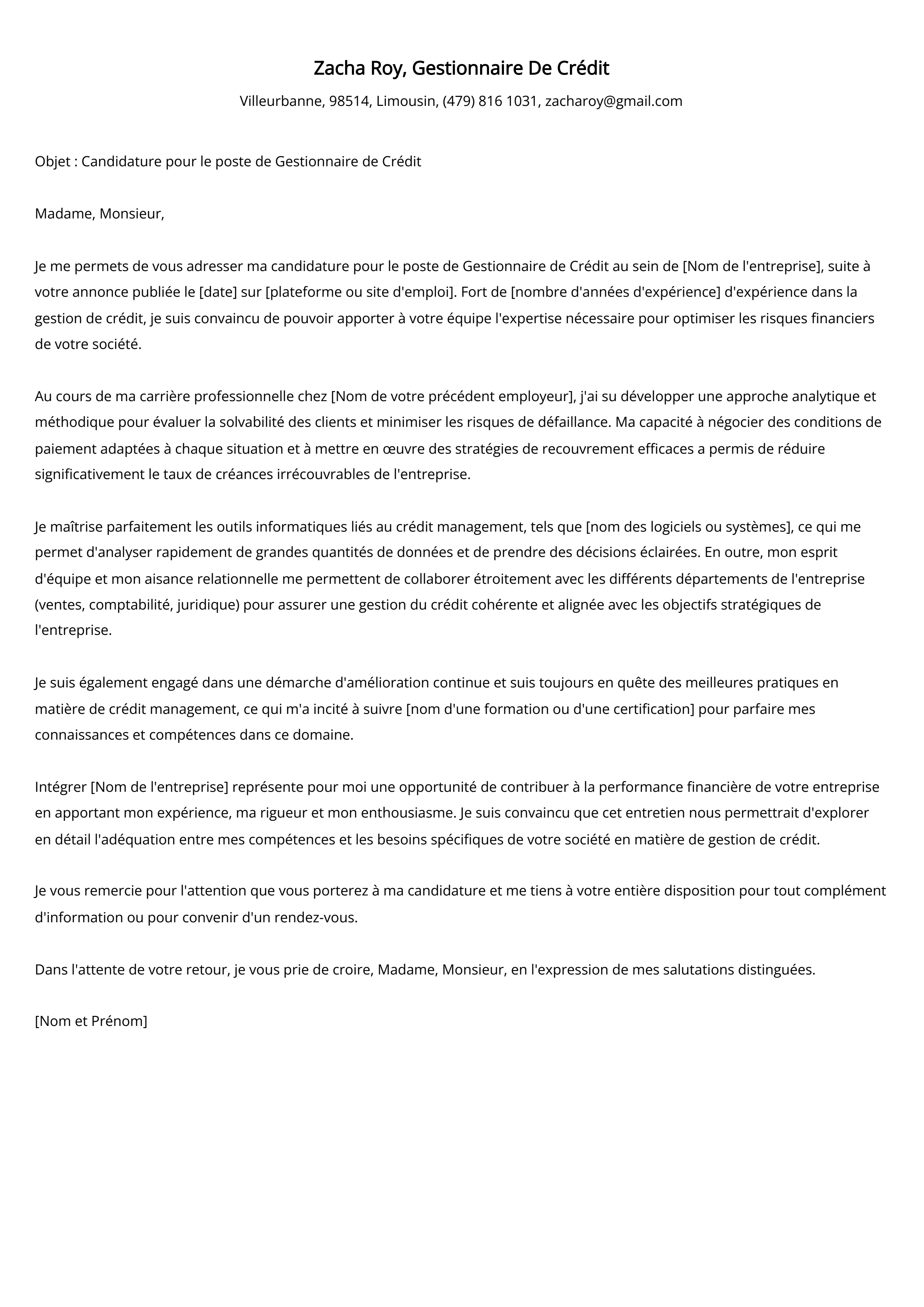 Exemple de lettre de motivation pour un gestionnaire de crédit