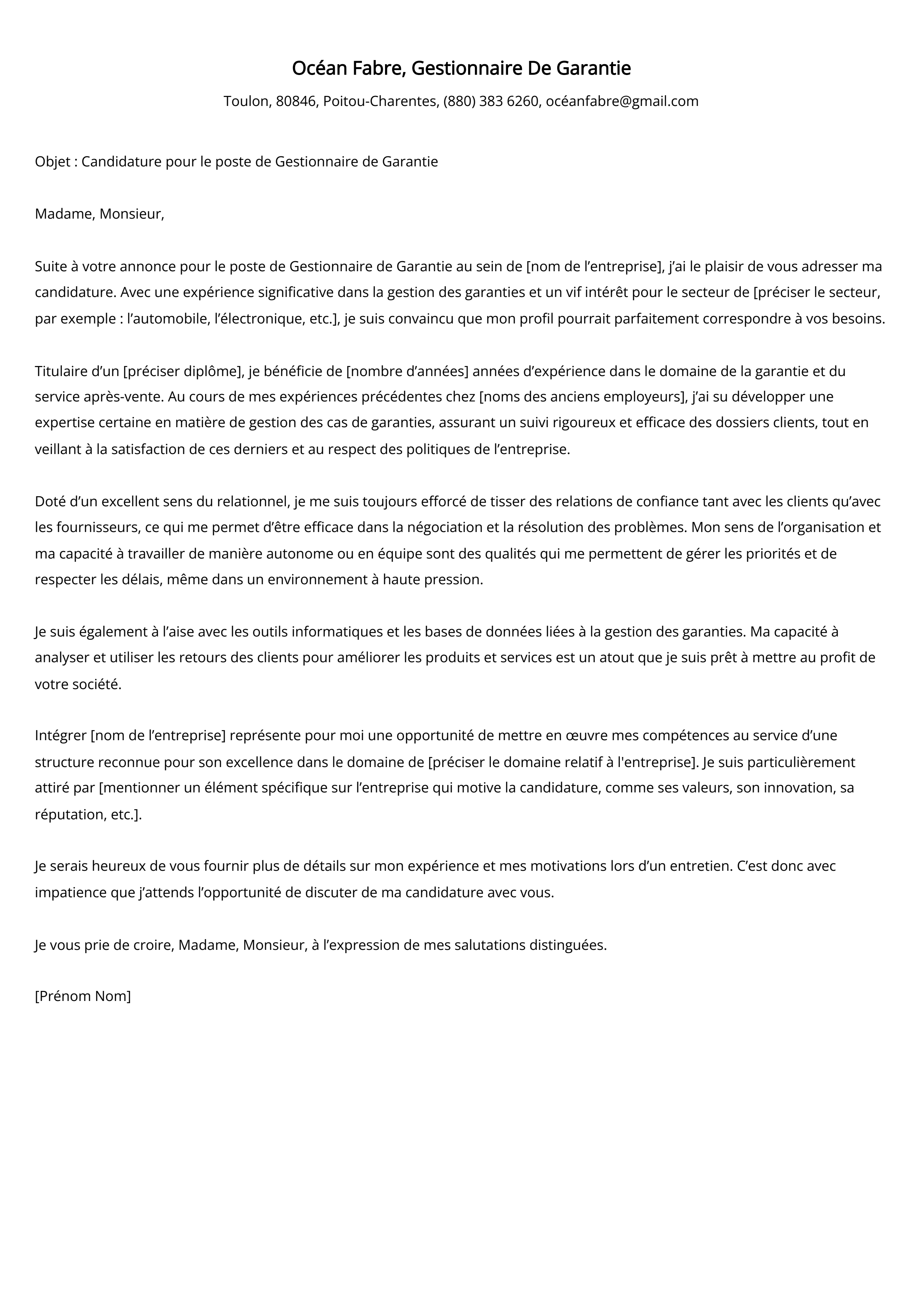 Lettre de couverture du Gestionnaire De Garantie Exemple