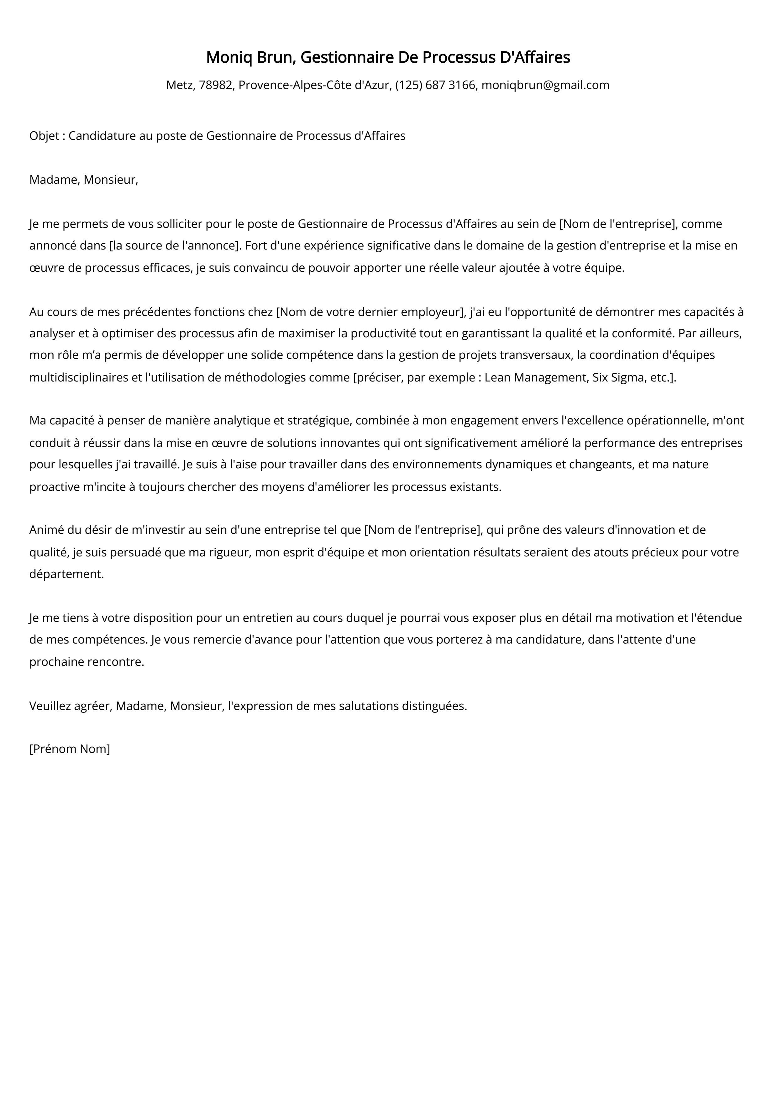 Exemple de lettre de motivation d'un gestionnaire de processus d'affaires