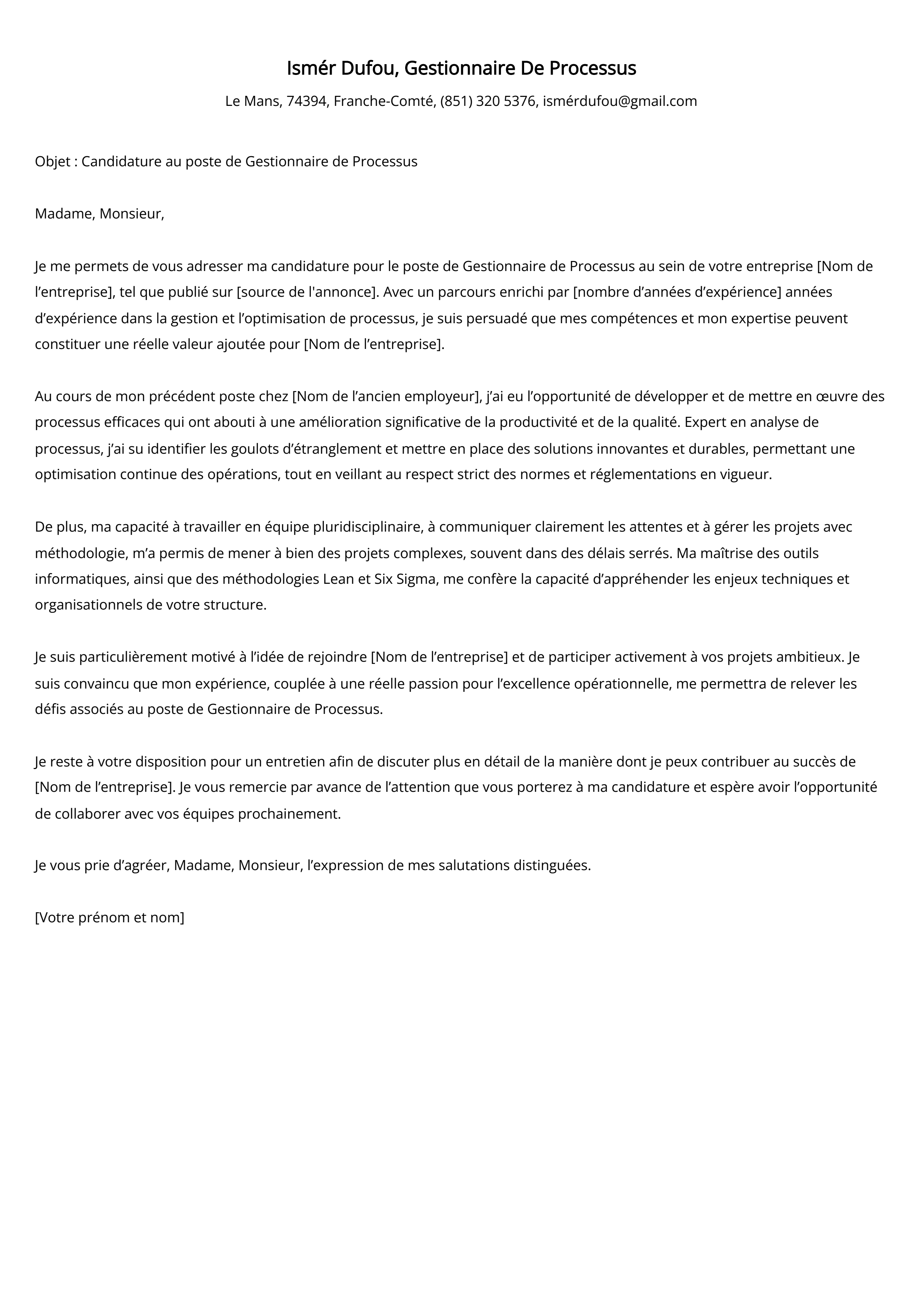 Exemple de lettre de motivation pour un gestionnaire de processus