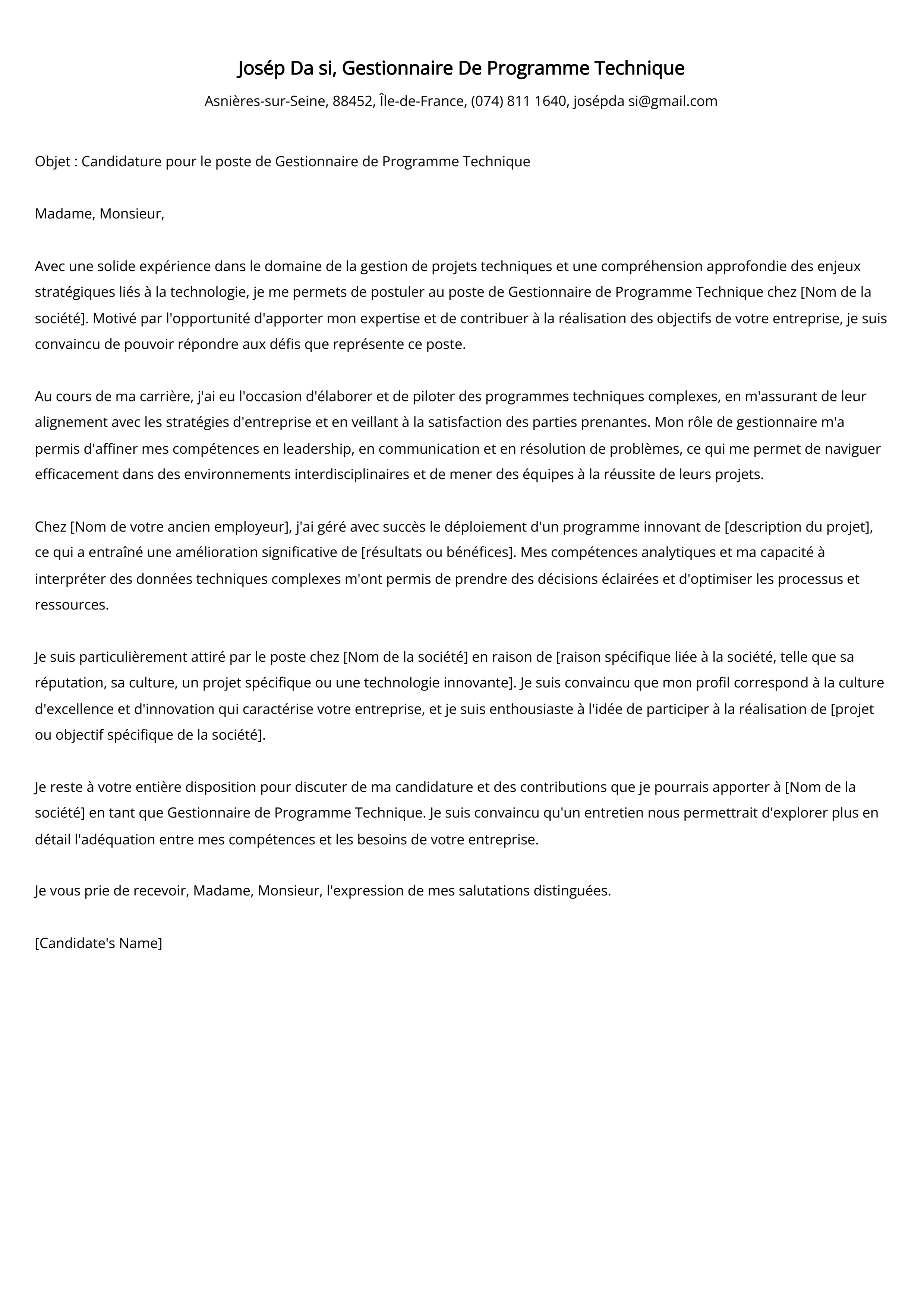 Exemple de lettre de motivation pour un gestionnaire de programme technique