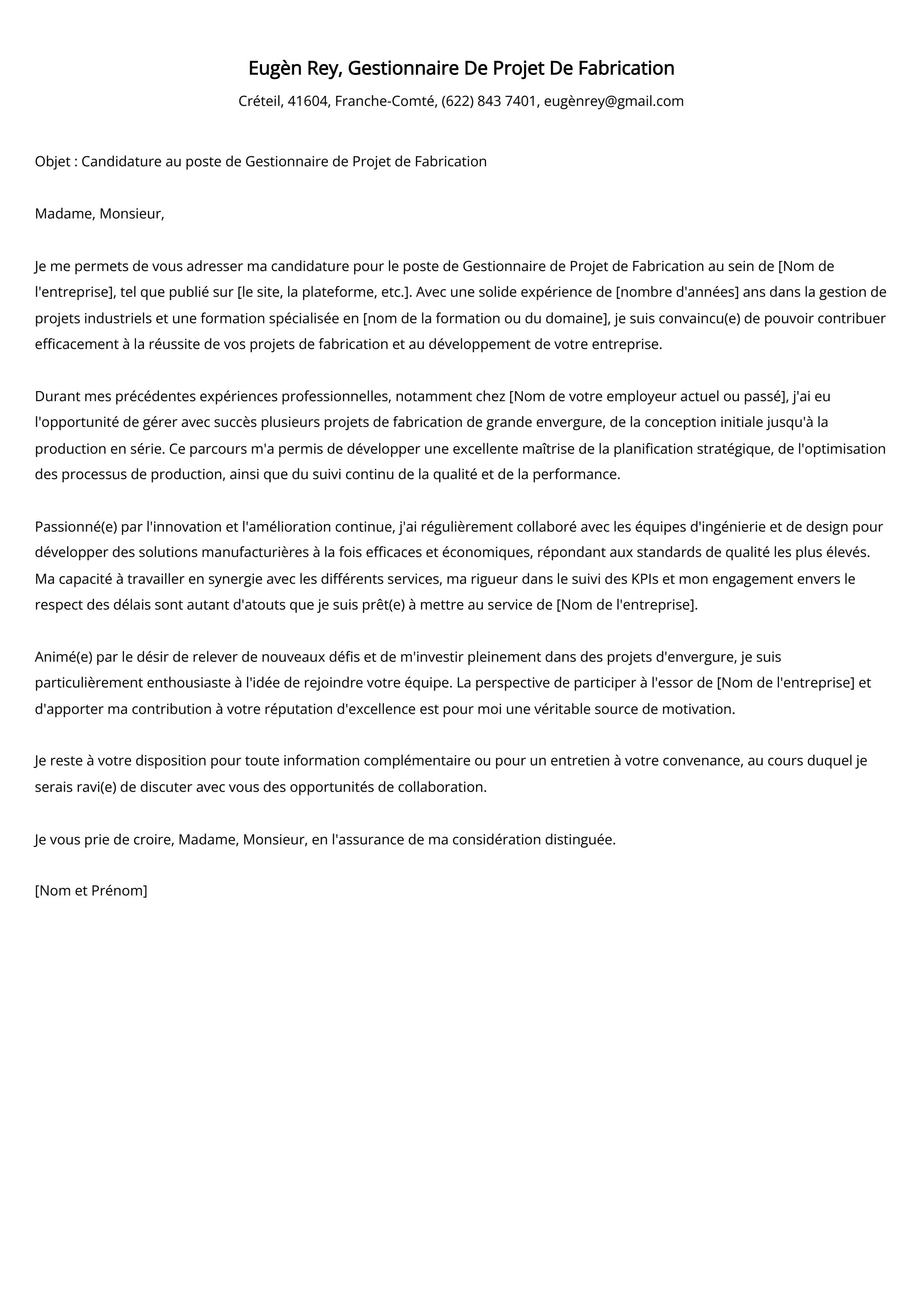 Exemple de lettre de motivation pour un gestionnaire de projet de fabrication