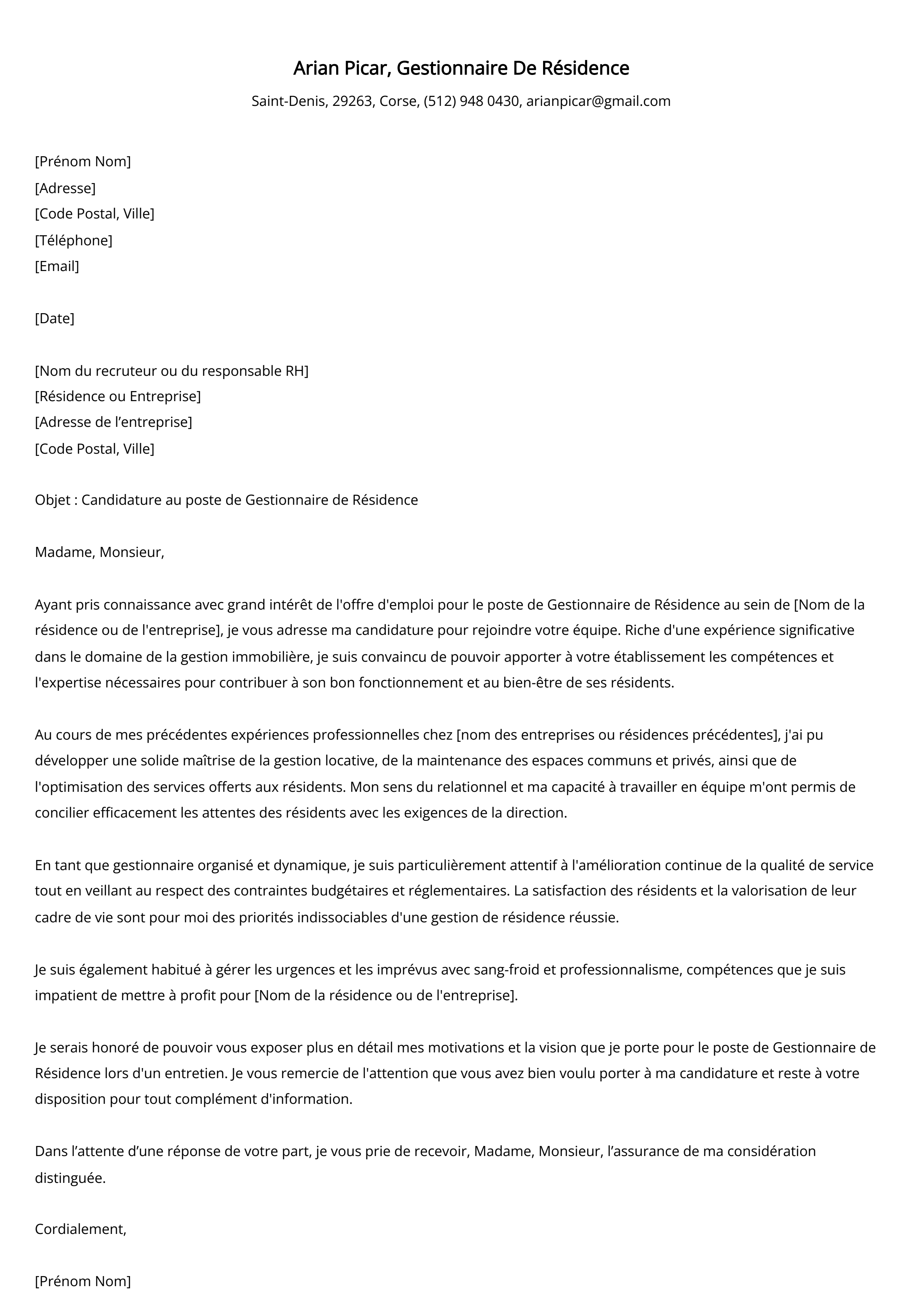 Lettre de motivation du gestionnaire de résidence