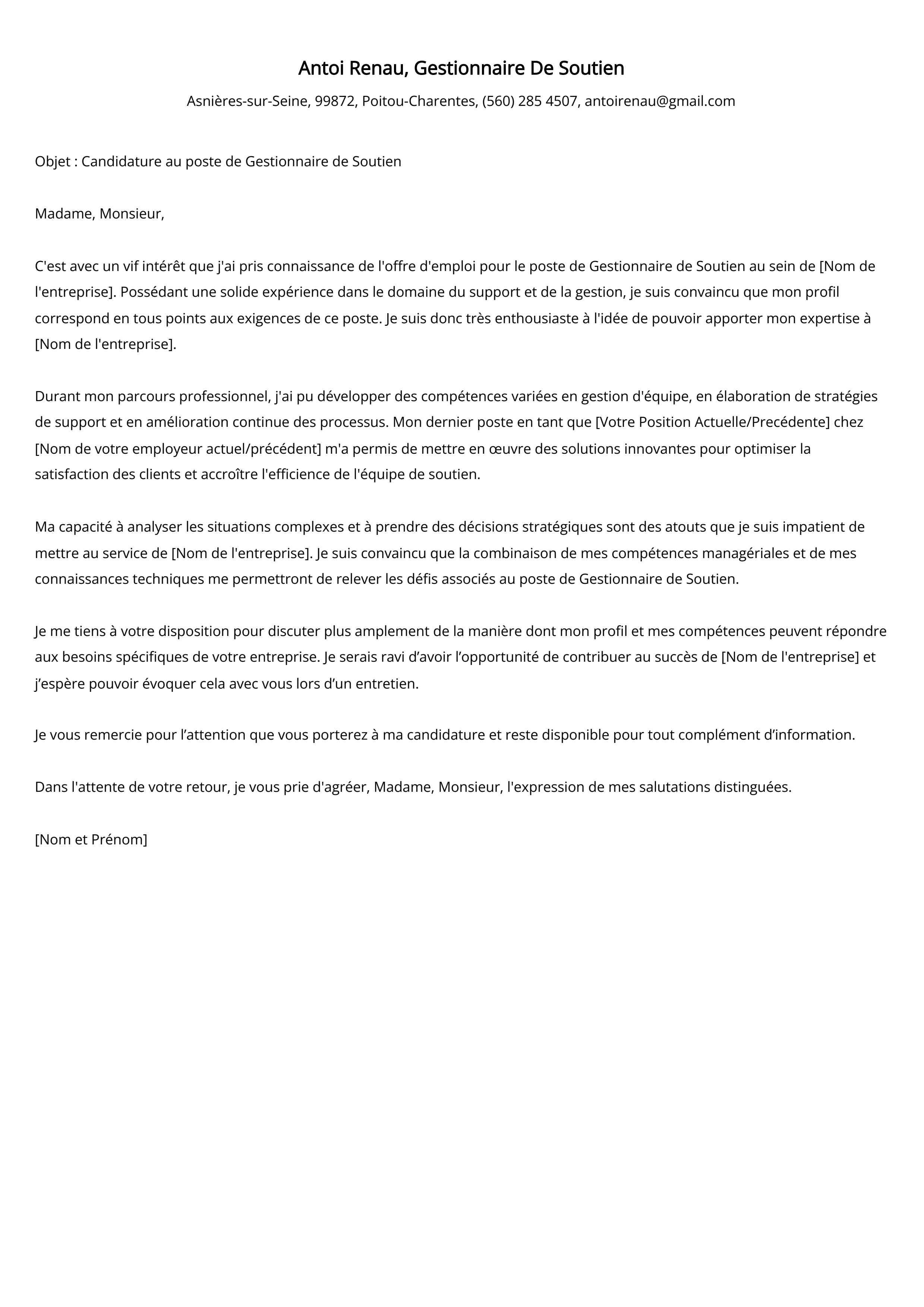 Exemple de lettre de motivation du Gestionnaire De Soutien