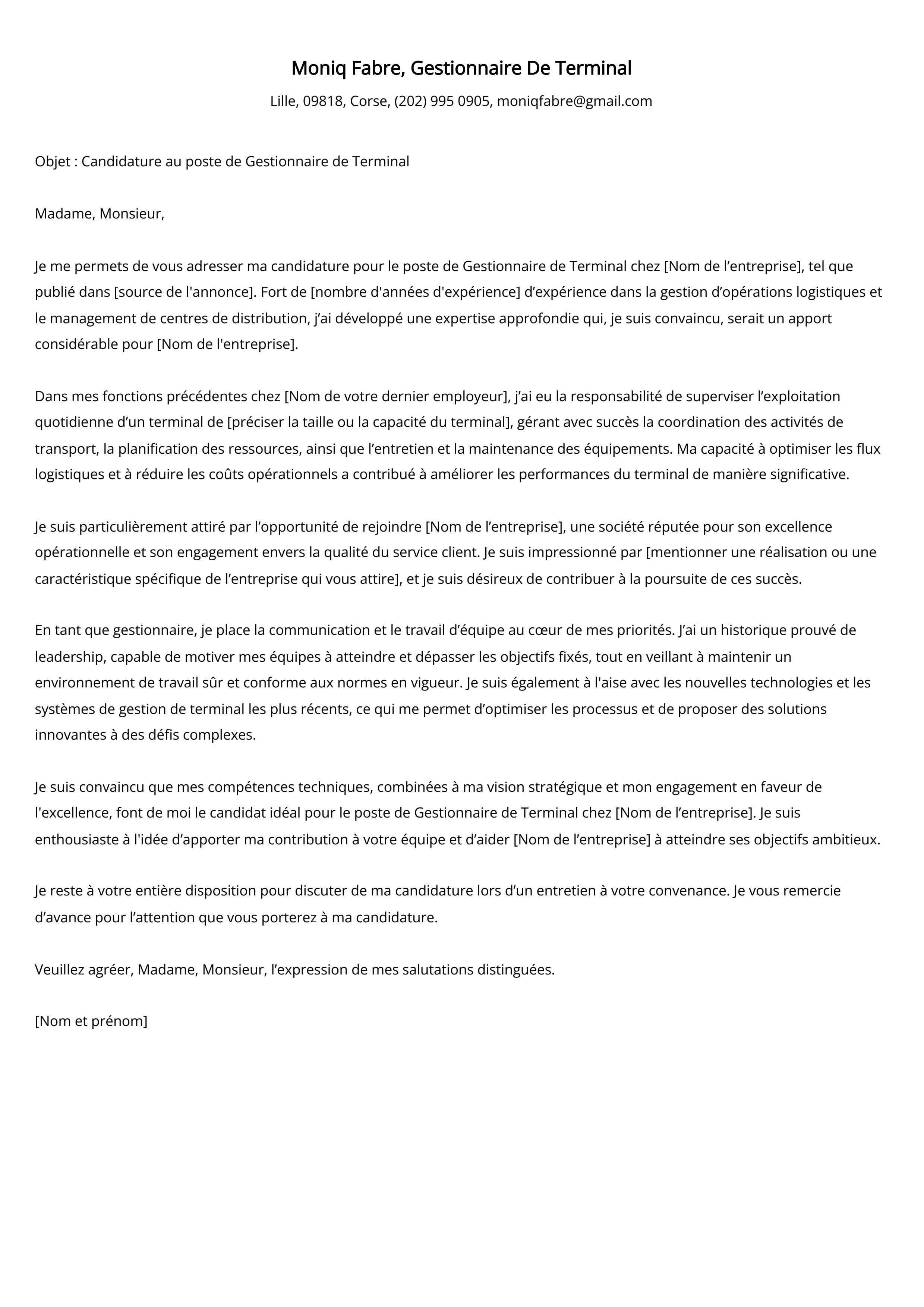 Exemple de lettre de motivation pour un gestionnaire de terminal