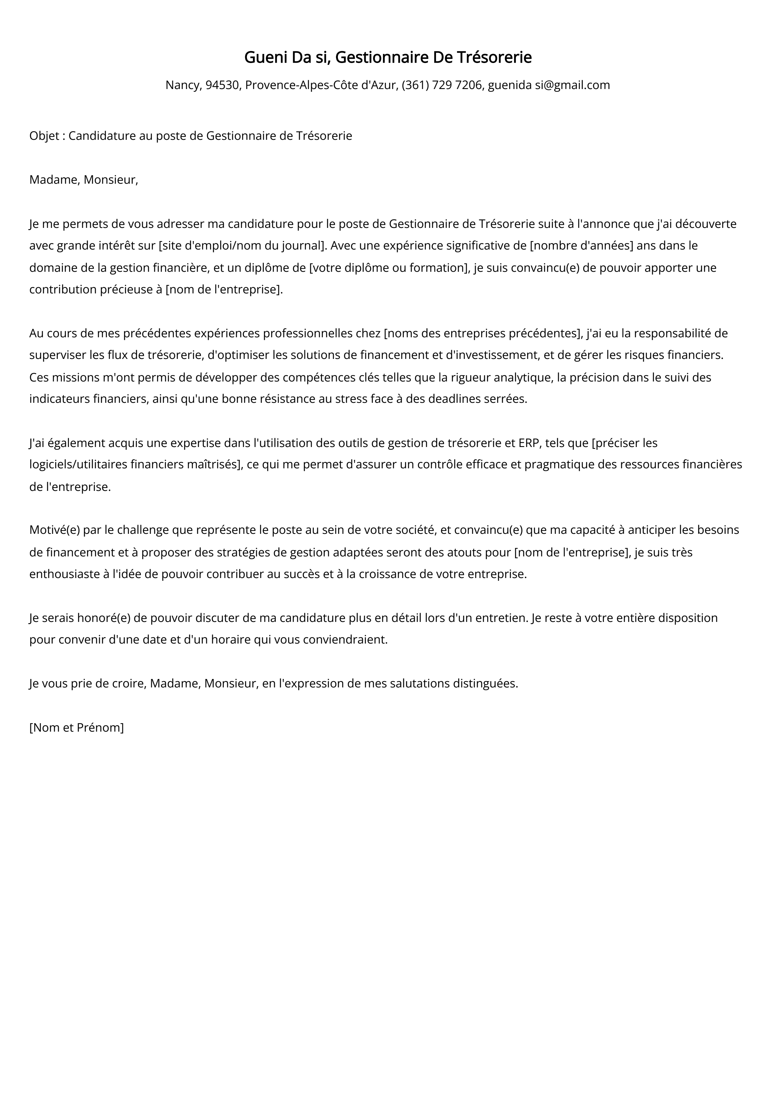 Exemple de lettre de motivation du Gestionnaire De Trésorerie