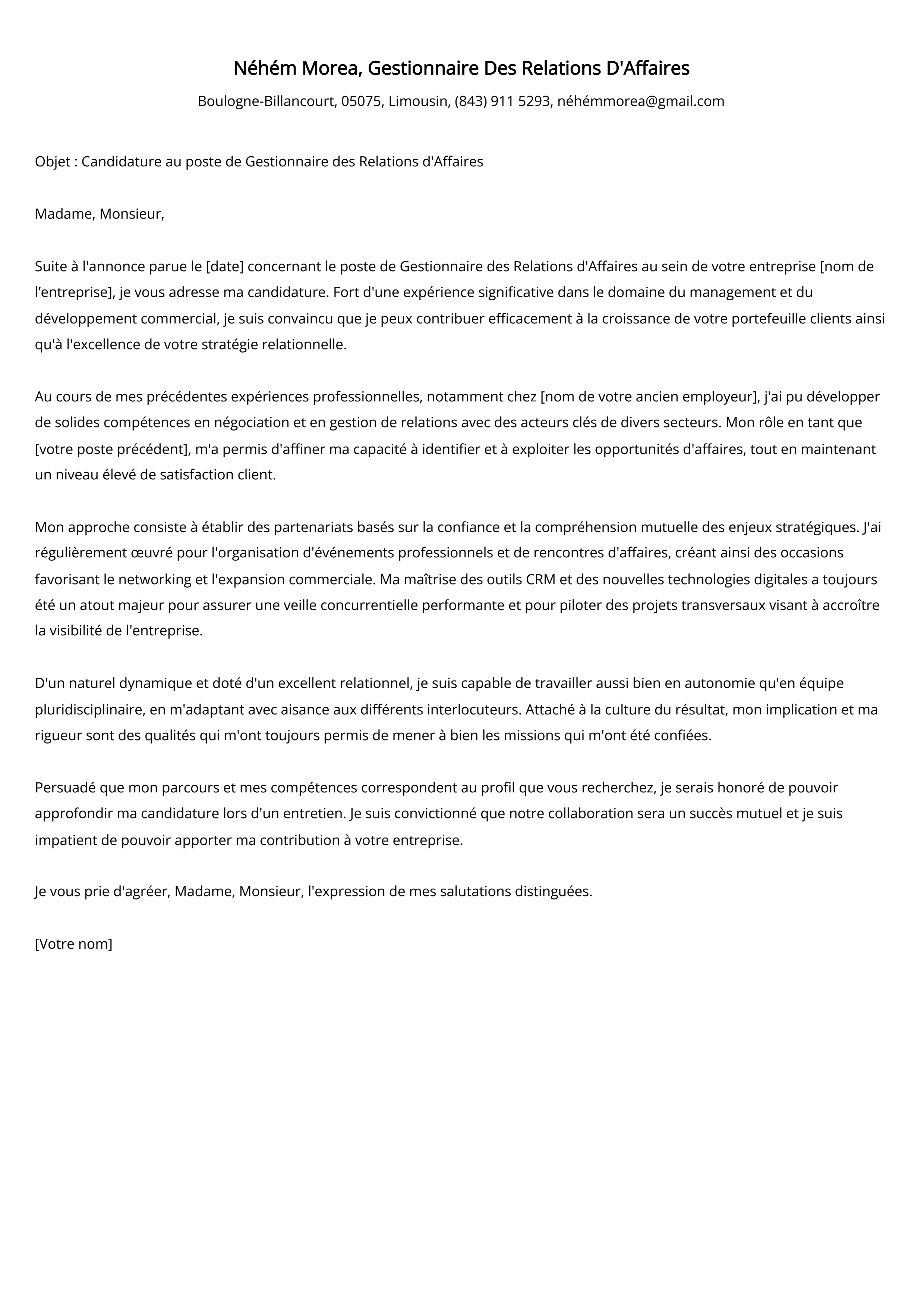 Exemple de lettre de motivation pour un gestionnaire des relations d'affaires