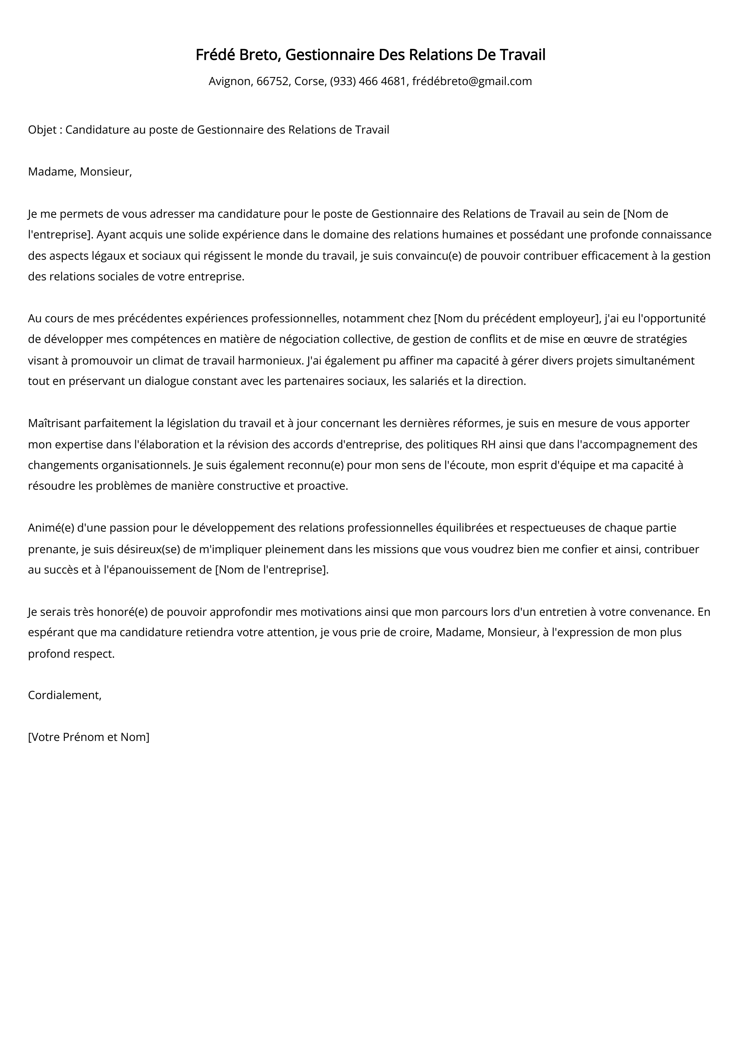 Exemple de lettre de motivation pour un gestionnaire des relations de travail