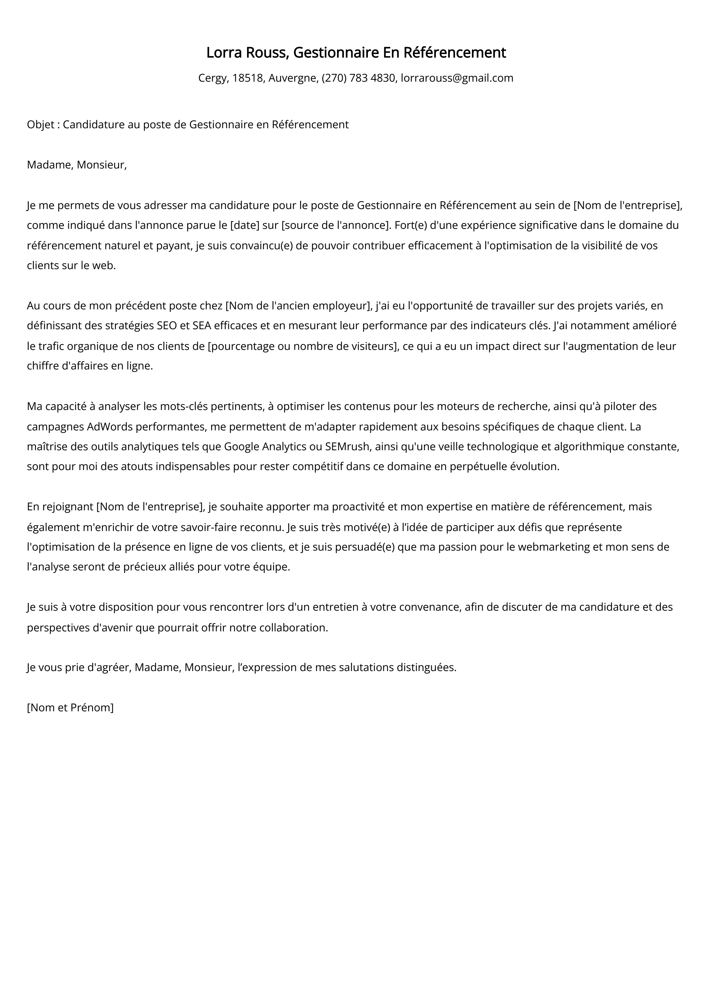 Exemple de lettre de motivation pour un gestionnaire en référencement