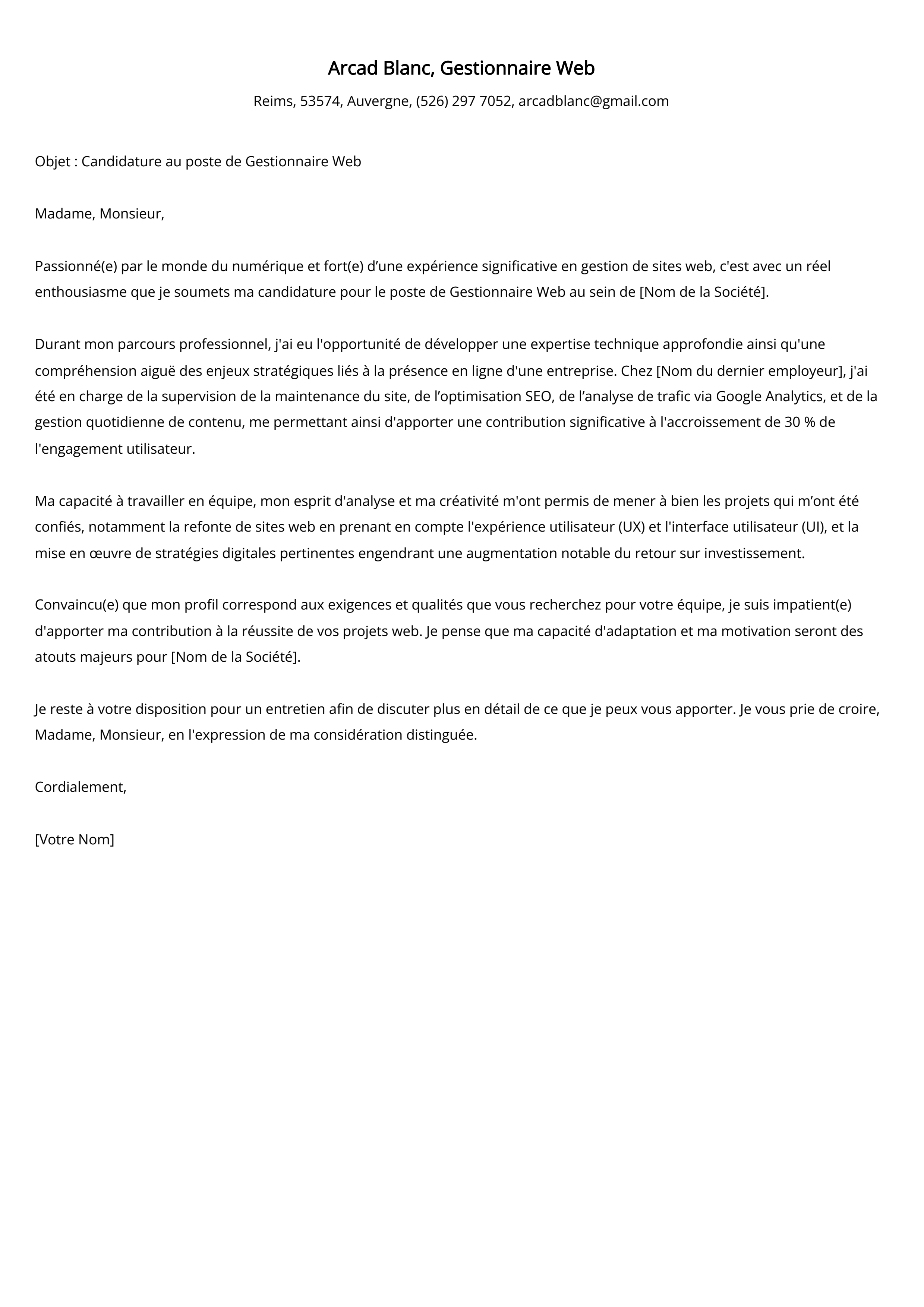 Exemple de lettre de couverture pour un poste de gestionnaire Web