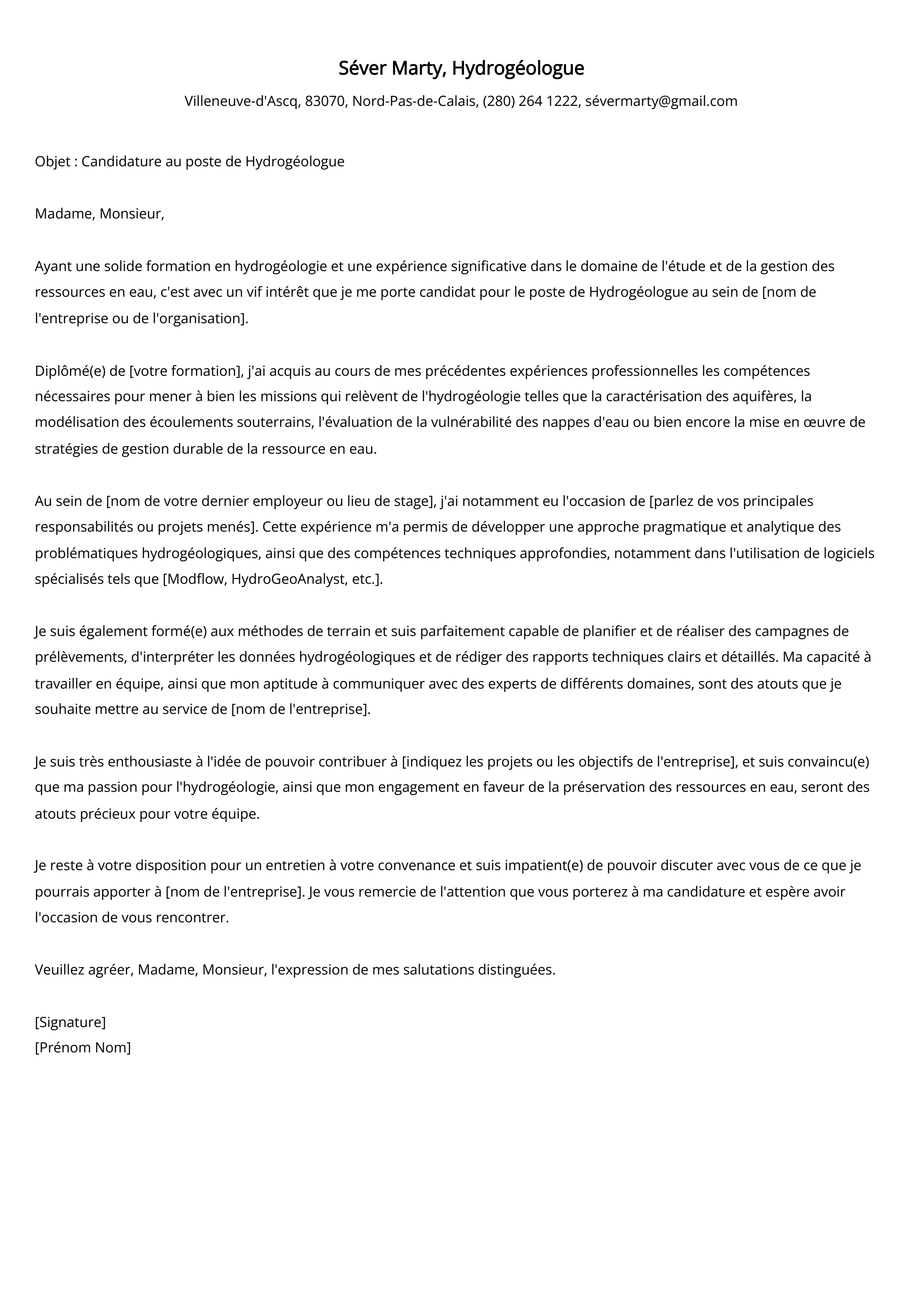 Exemple de lettre de motivation pour un hydrogéologue