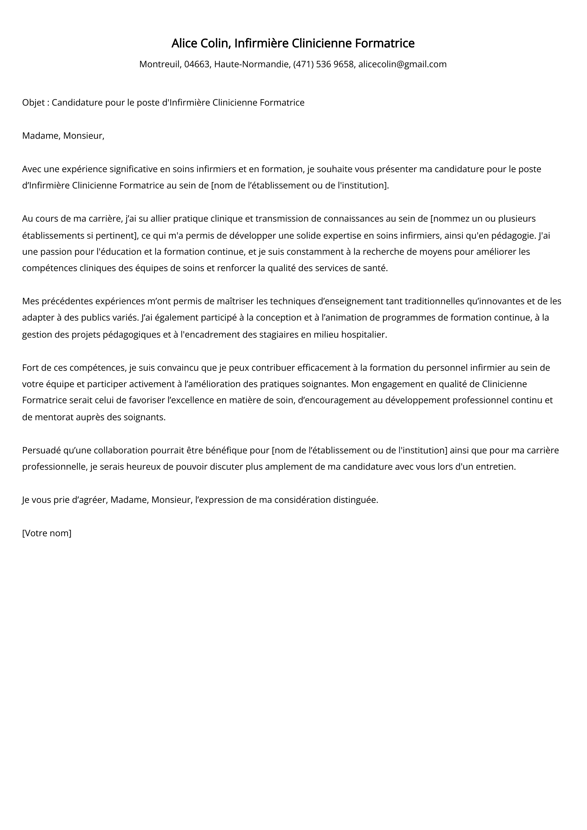 Infirmière Clinicienne Formatrice Exemple de lettre de motivation