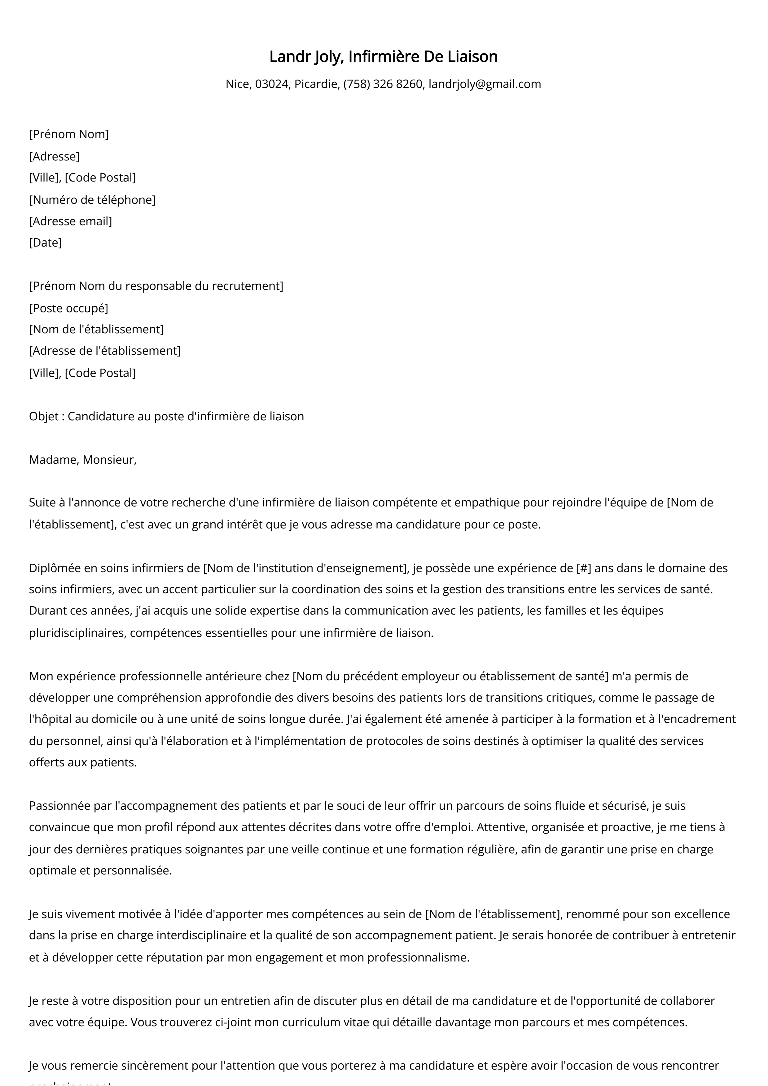 Infirmière De Liaison Cover Letter Example