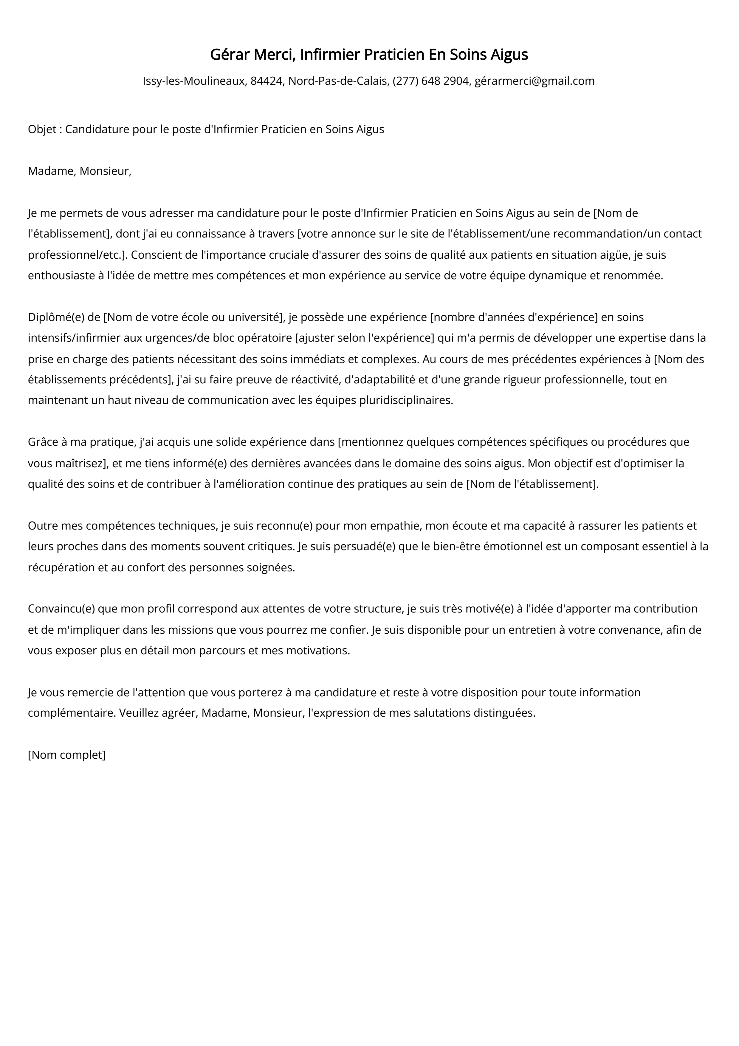 Infirmier Praticien En Soins Aigus Cover Letter Example