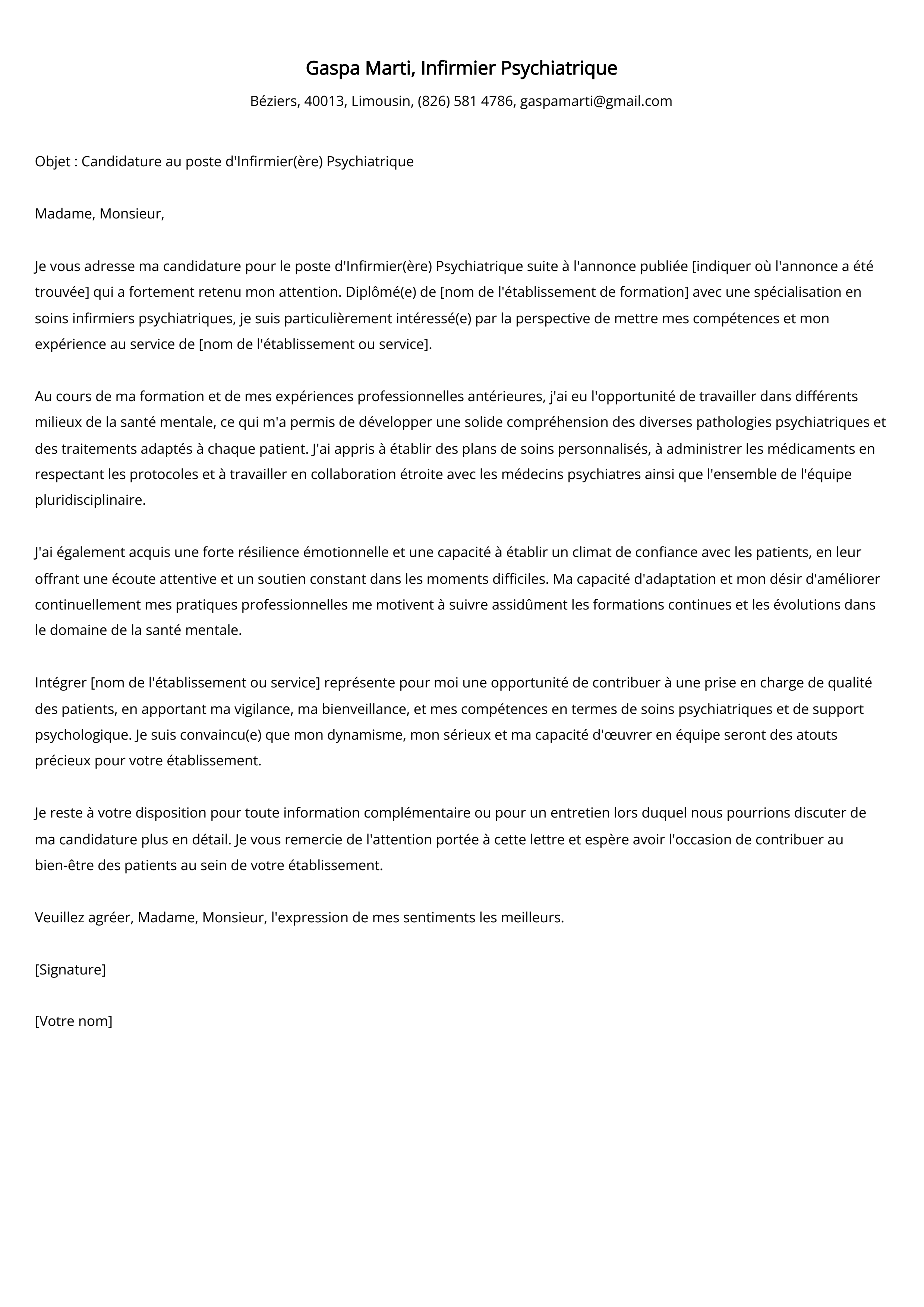 Infirmier Psychiatrique Cover Letter Example