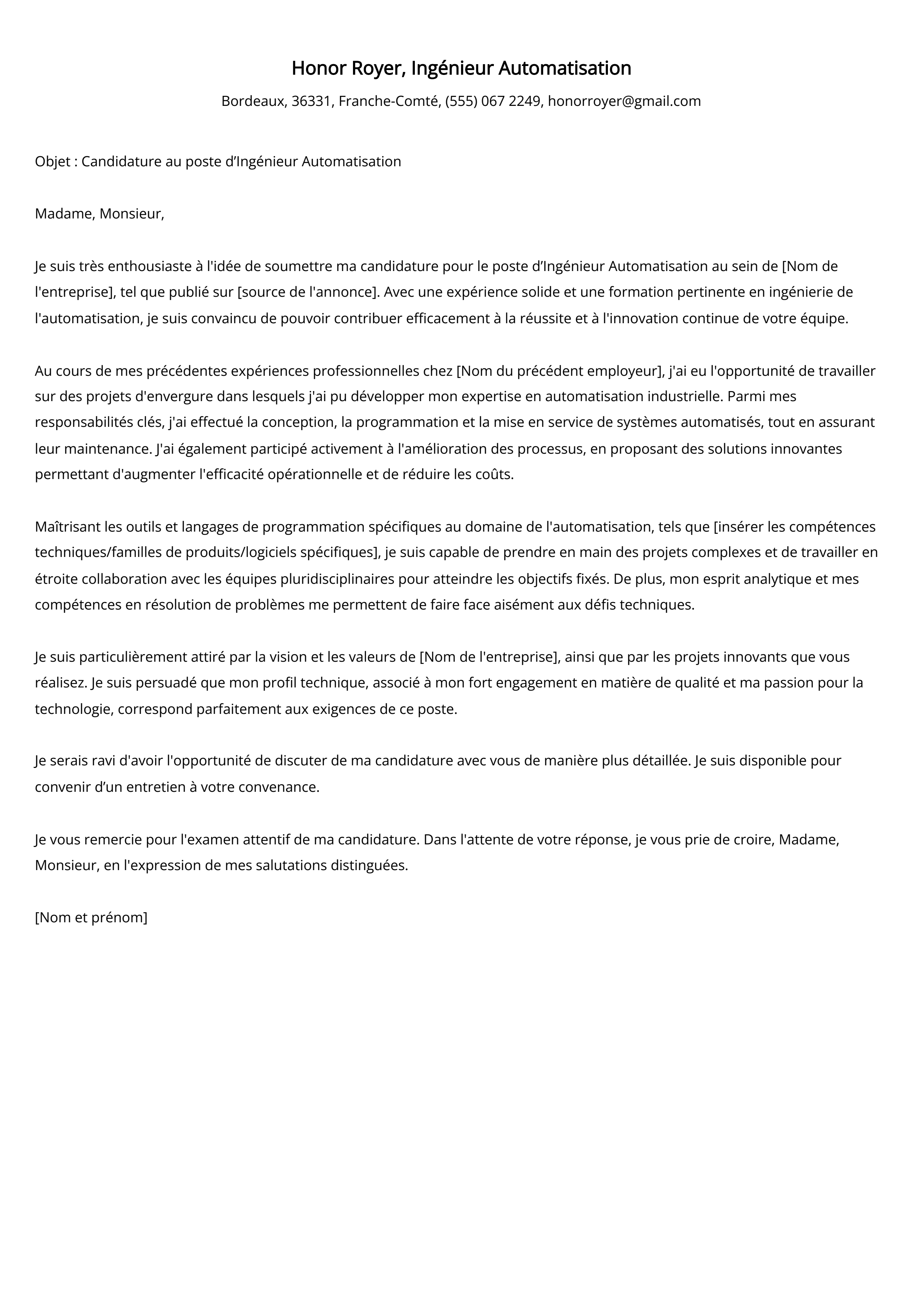 Ingénieur Automatisation Cover Letter Example