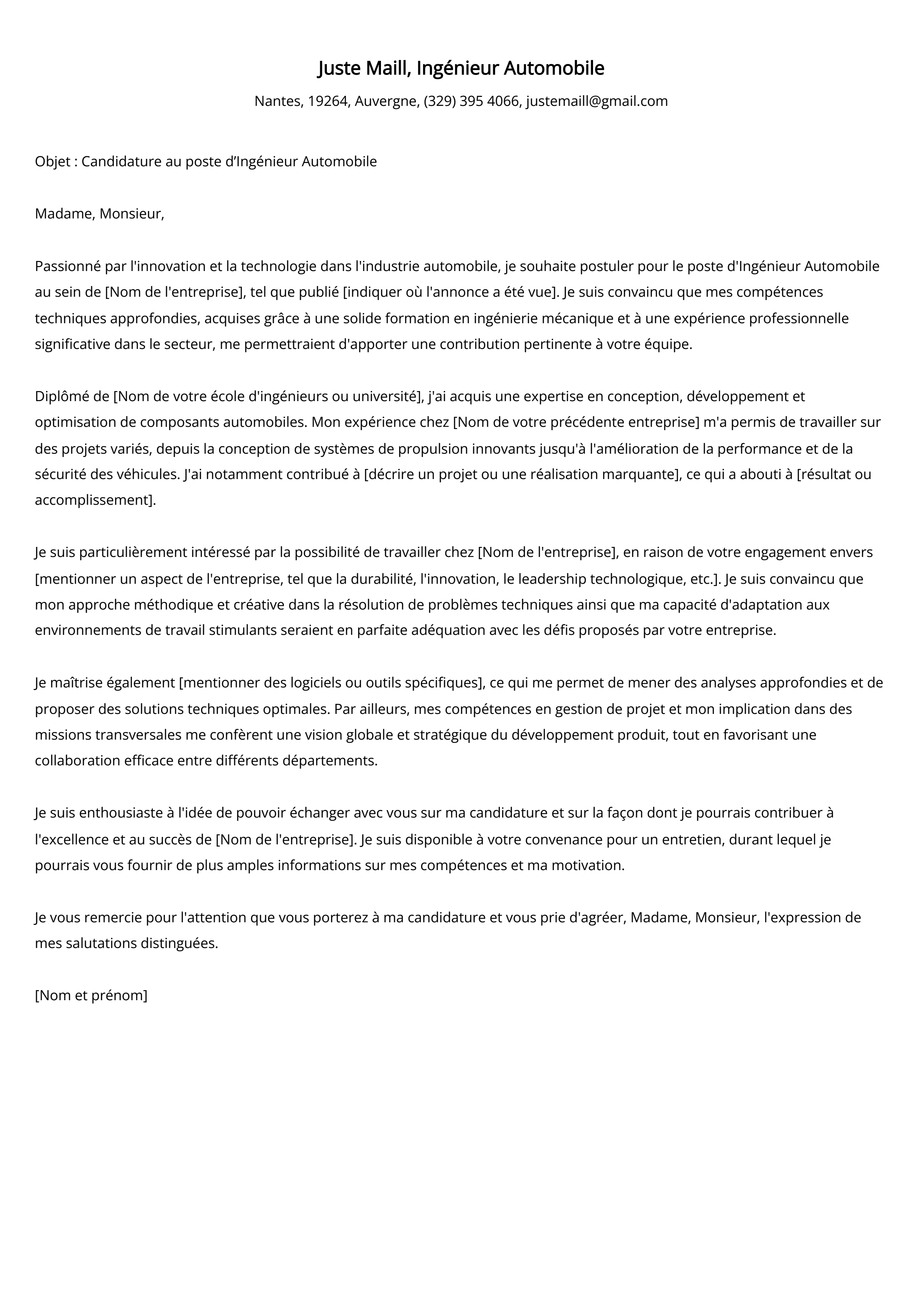 Ingénieur Automobile Cover Letter Example