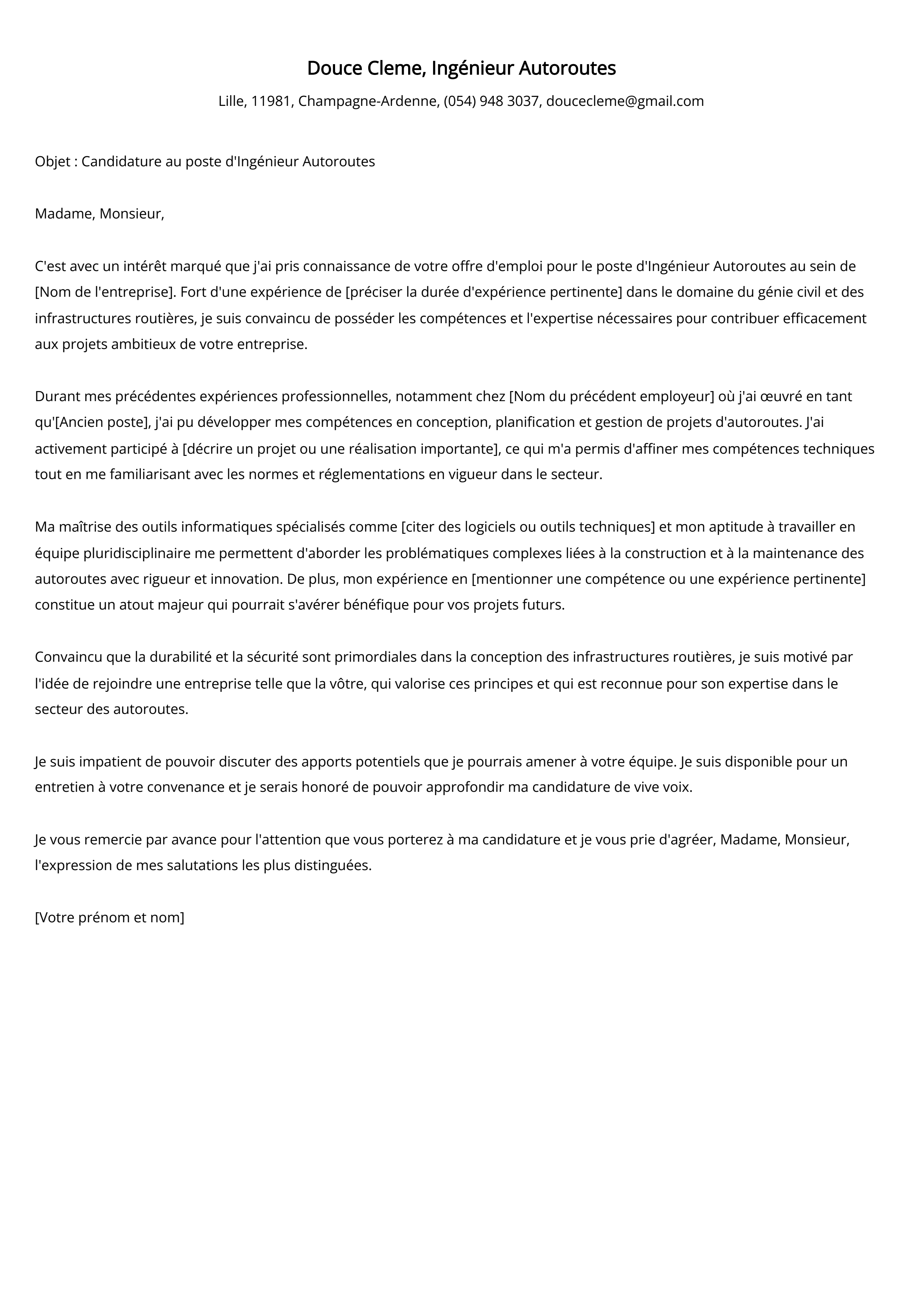 Ingénieur Autoroutes Cover Letter Example