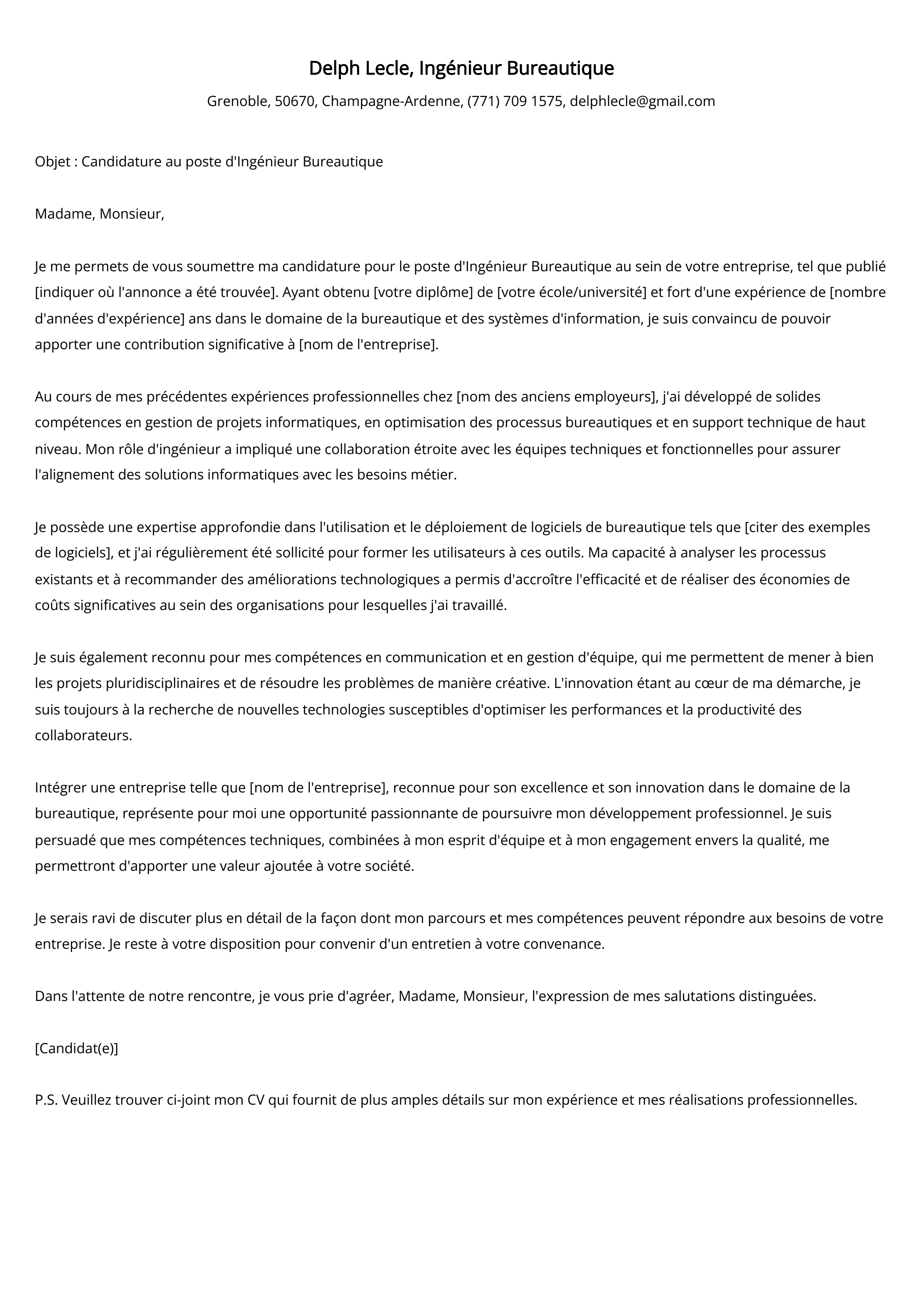 Lettre de motivation de l'ingénieur bureautique