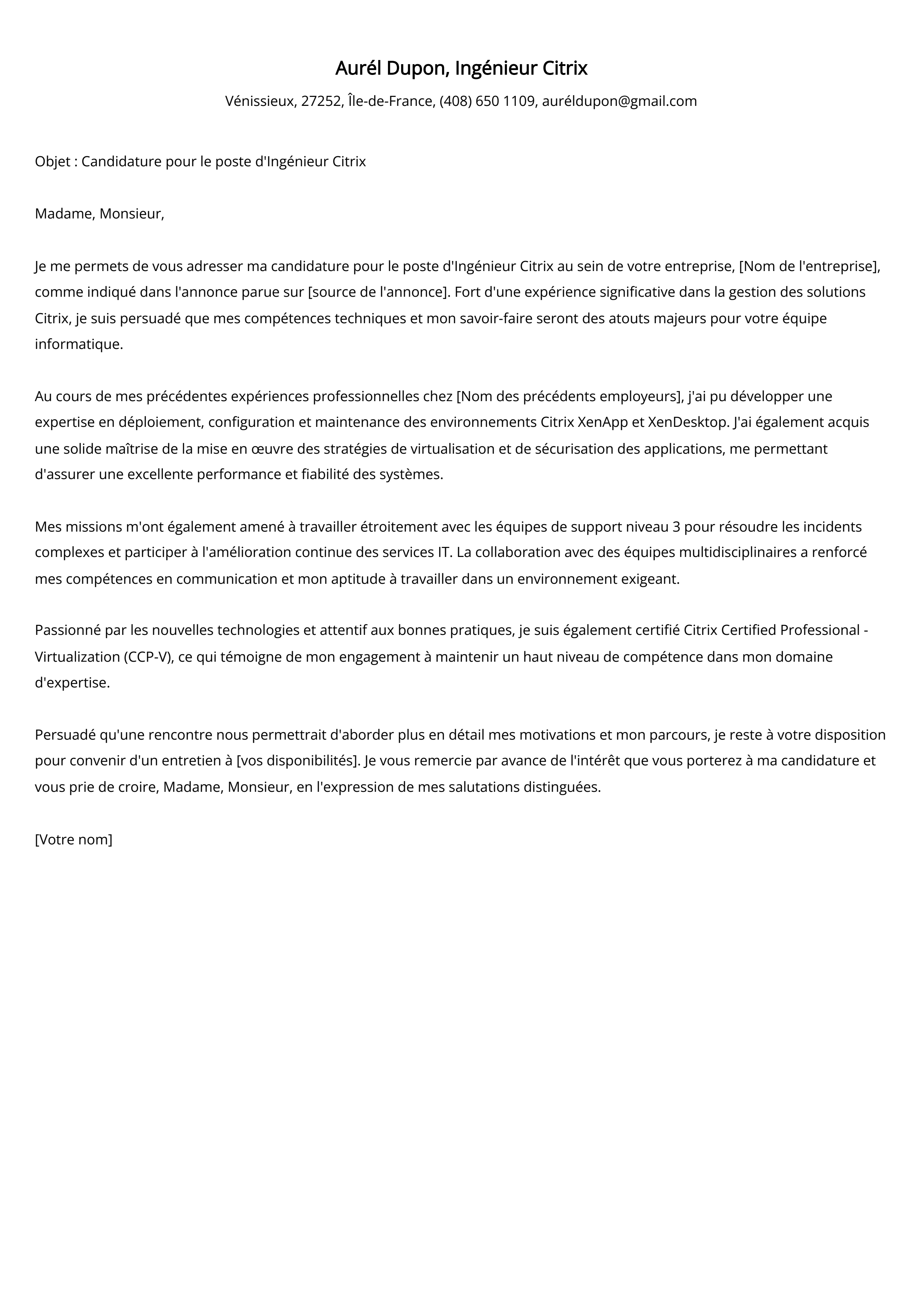 Ingénieur Citrix Cover Letter Example