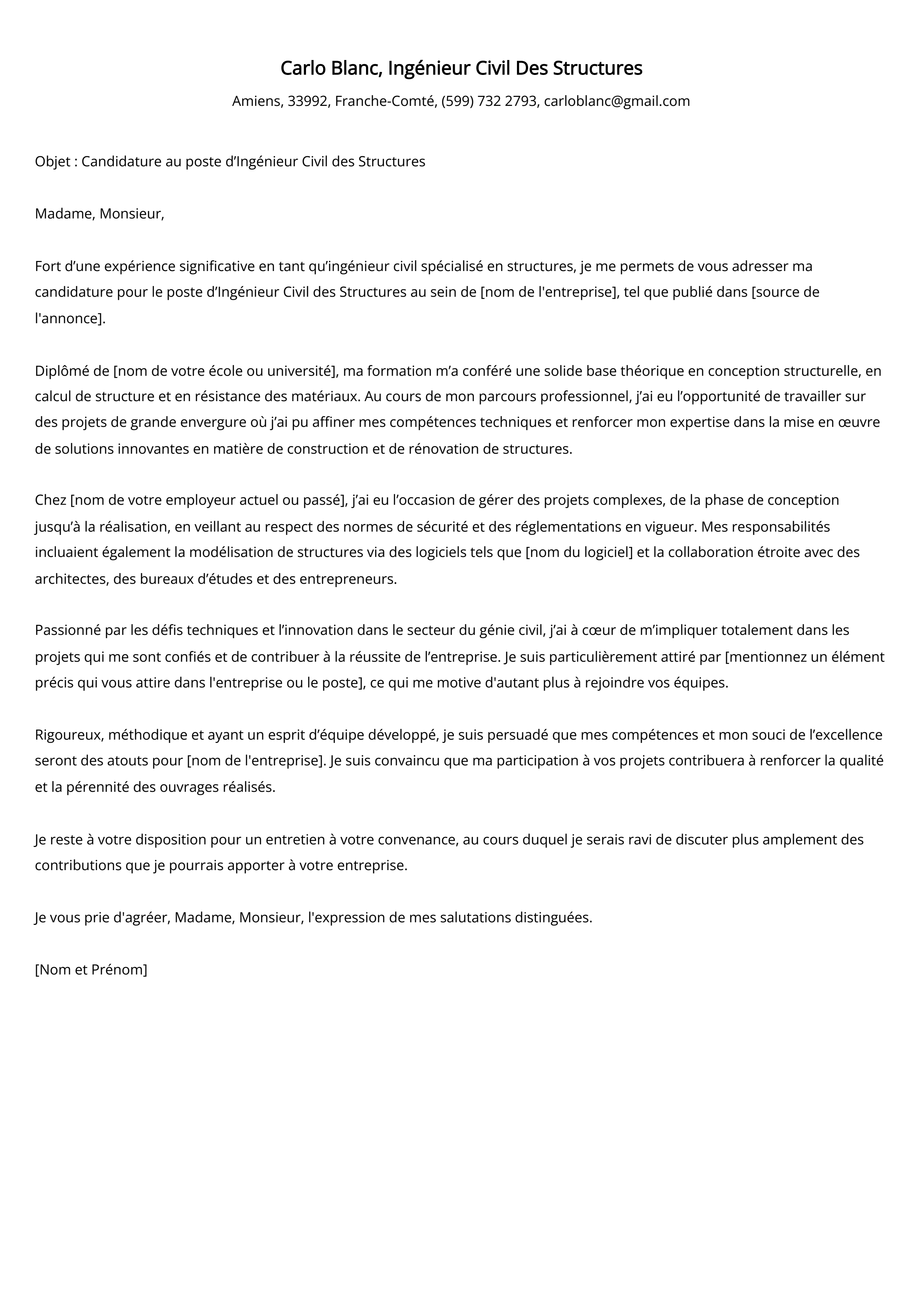 Lettre de motivation de l'ingénieur civil des structures