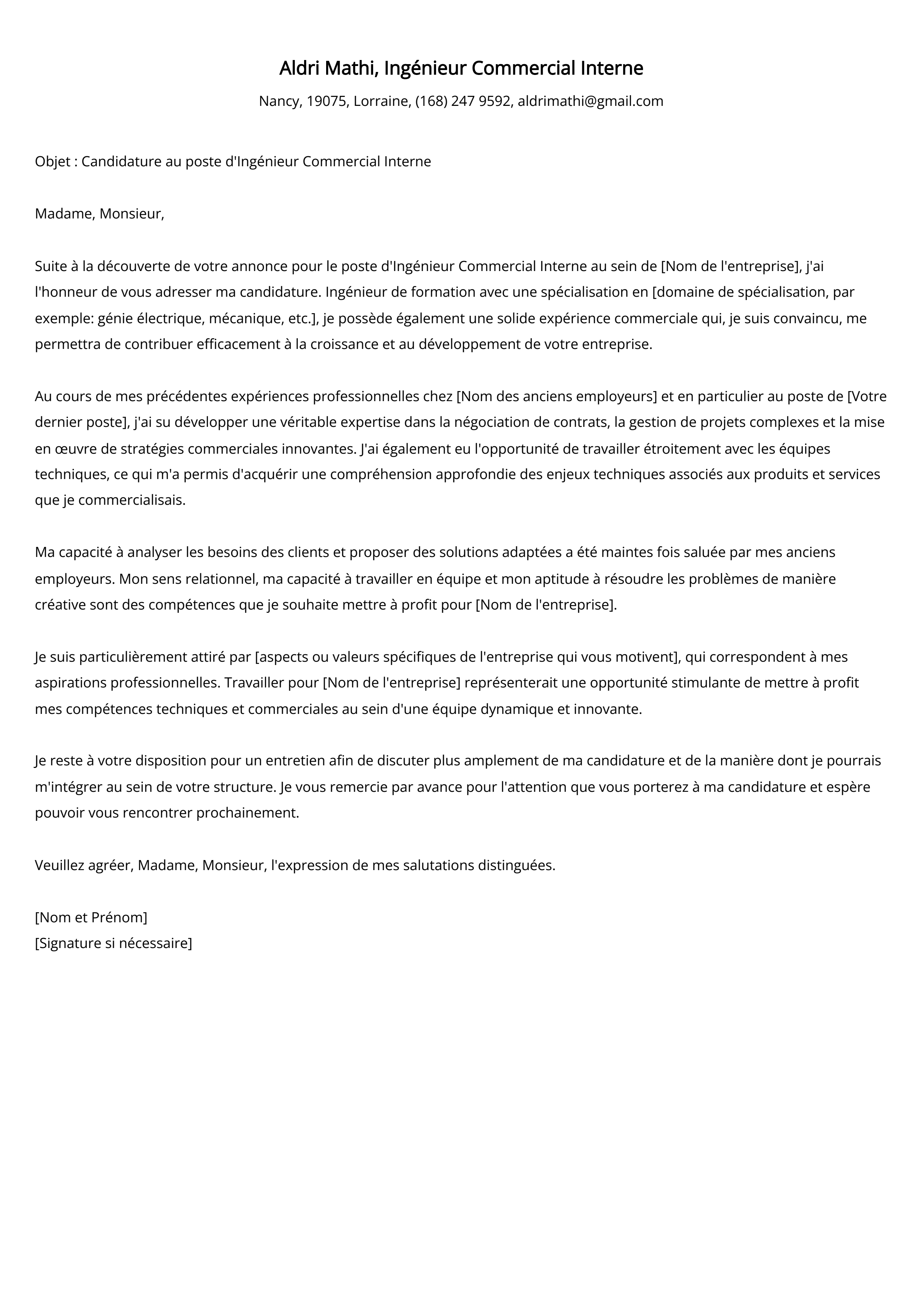 Lettre de motivation de l'ingénieur commercial stagiaire