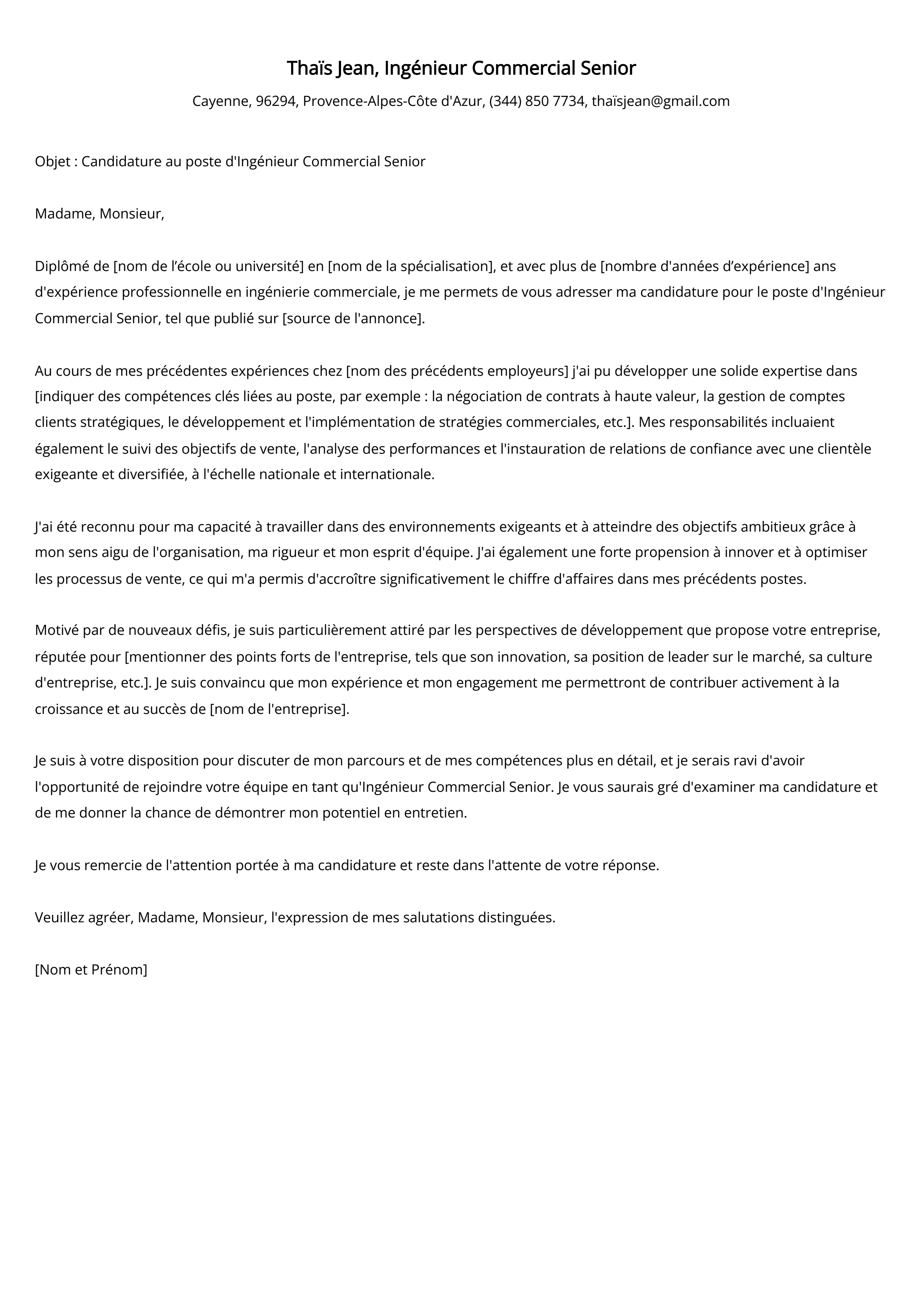 Ingénieur Commercial Senior Cover Letter Example