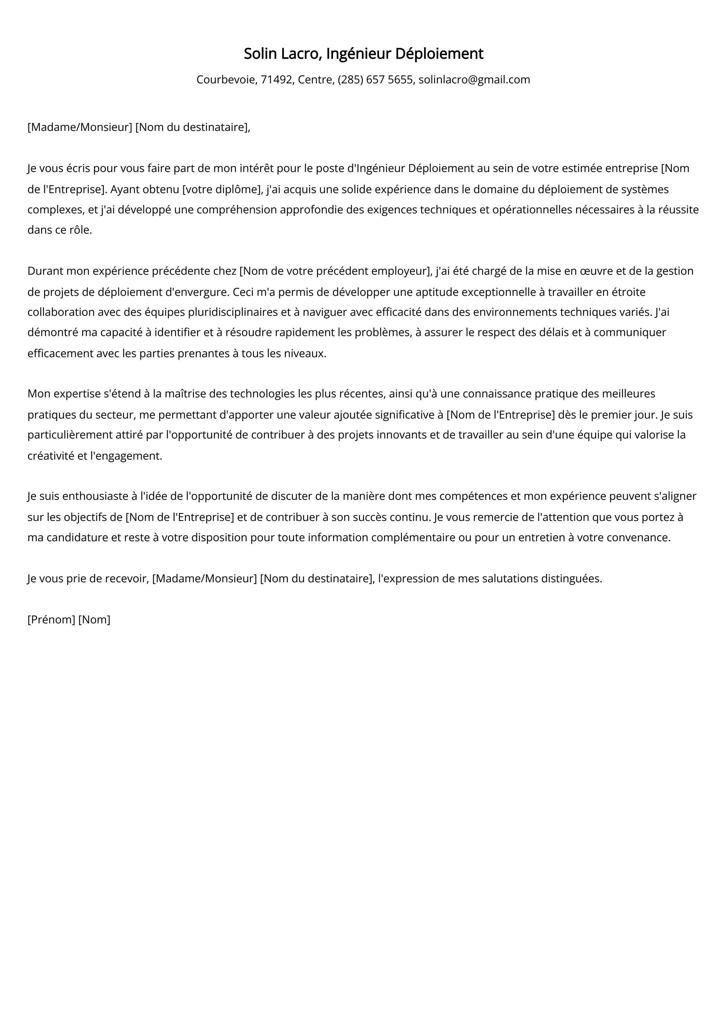 Ingénieur Déploiement Cover Letter Example