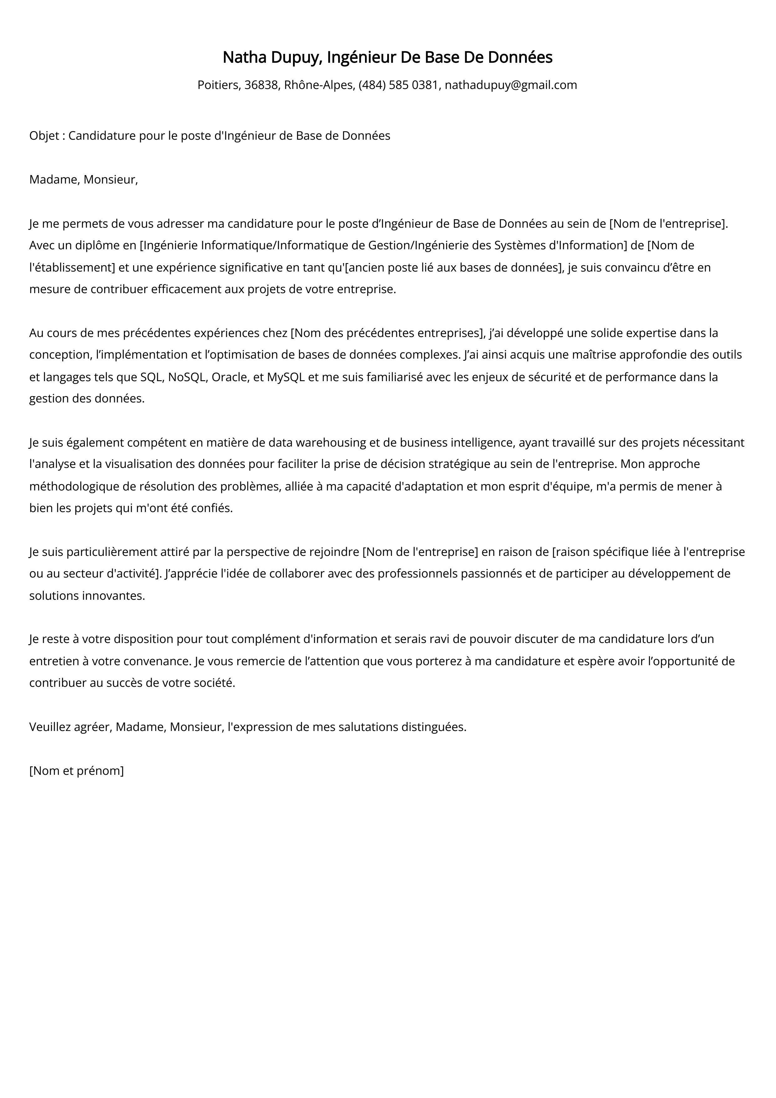 Ingénieur De Base De Données Cover Letter Example